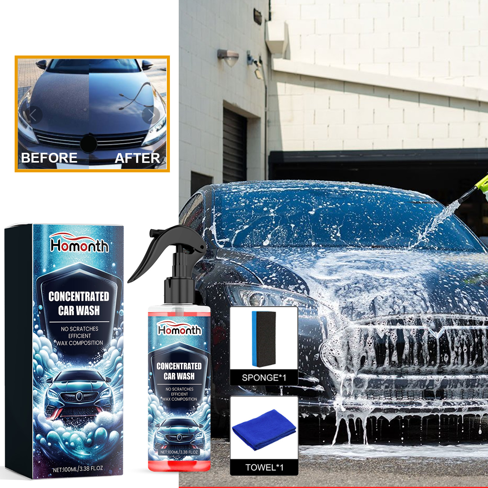 Car wash spray kit used beside a foamed blue car