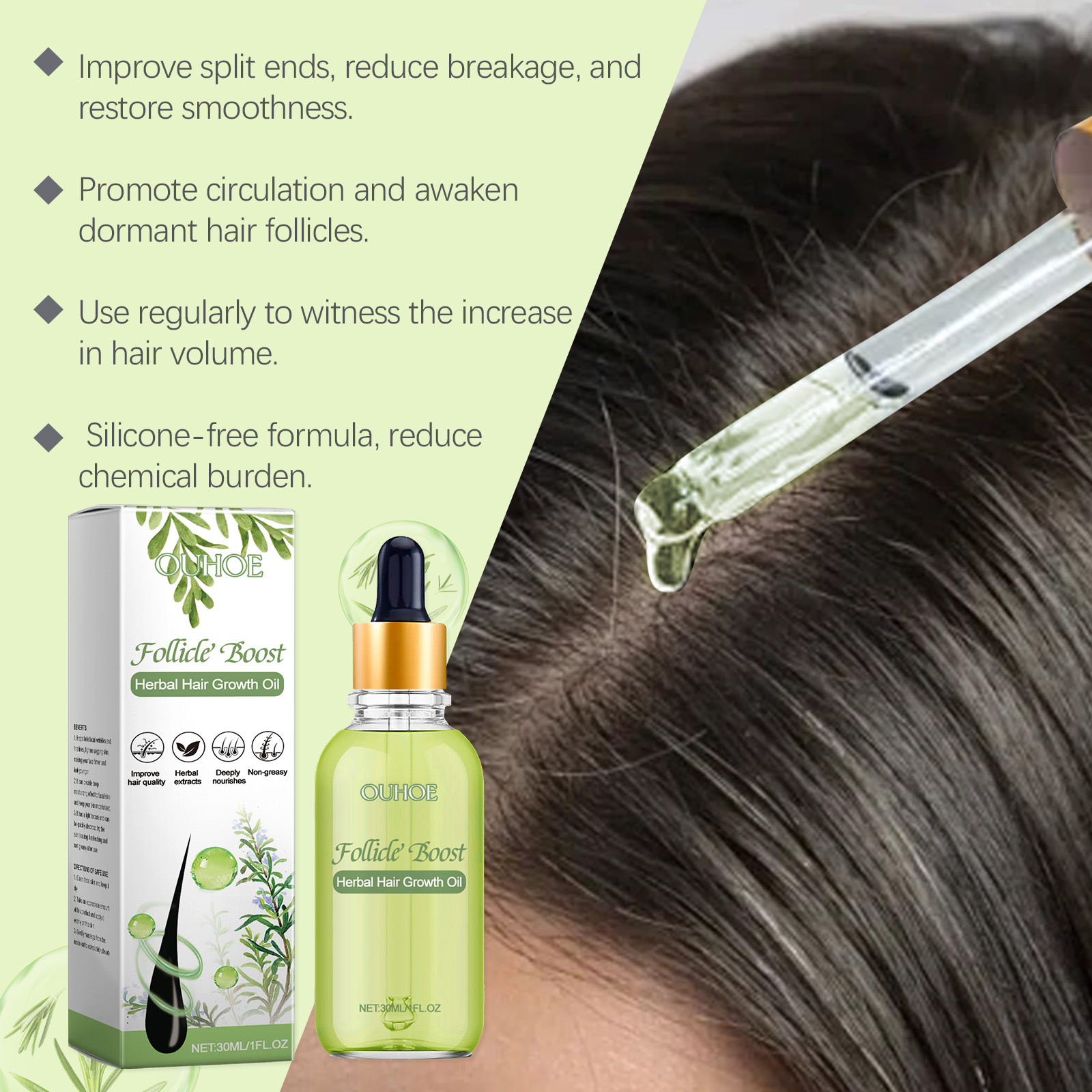 Dropper placing hair oil directly on scalp