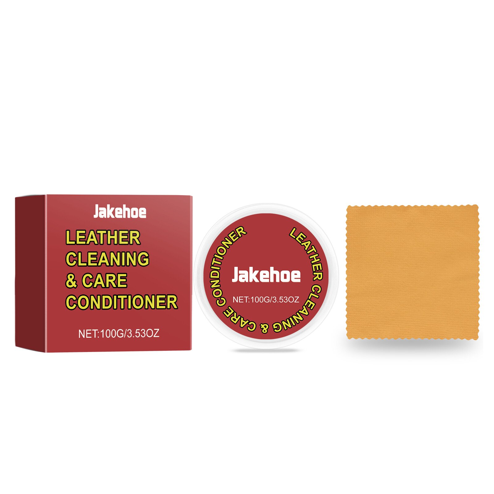 Red leather cream jar and golden microfiber cloth
