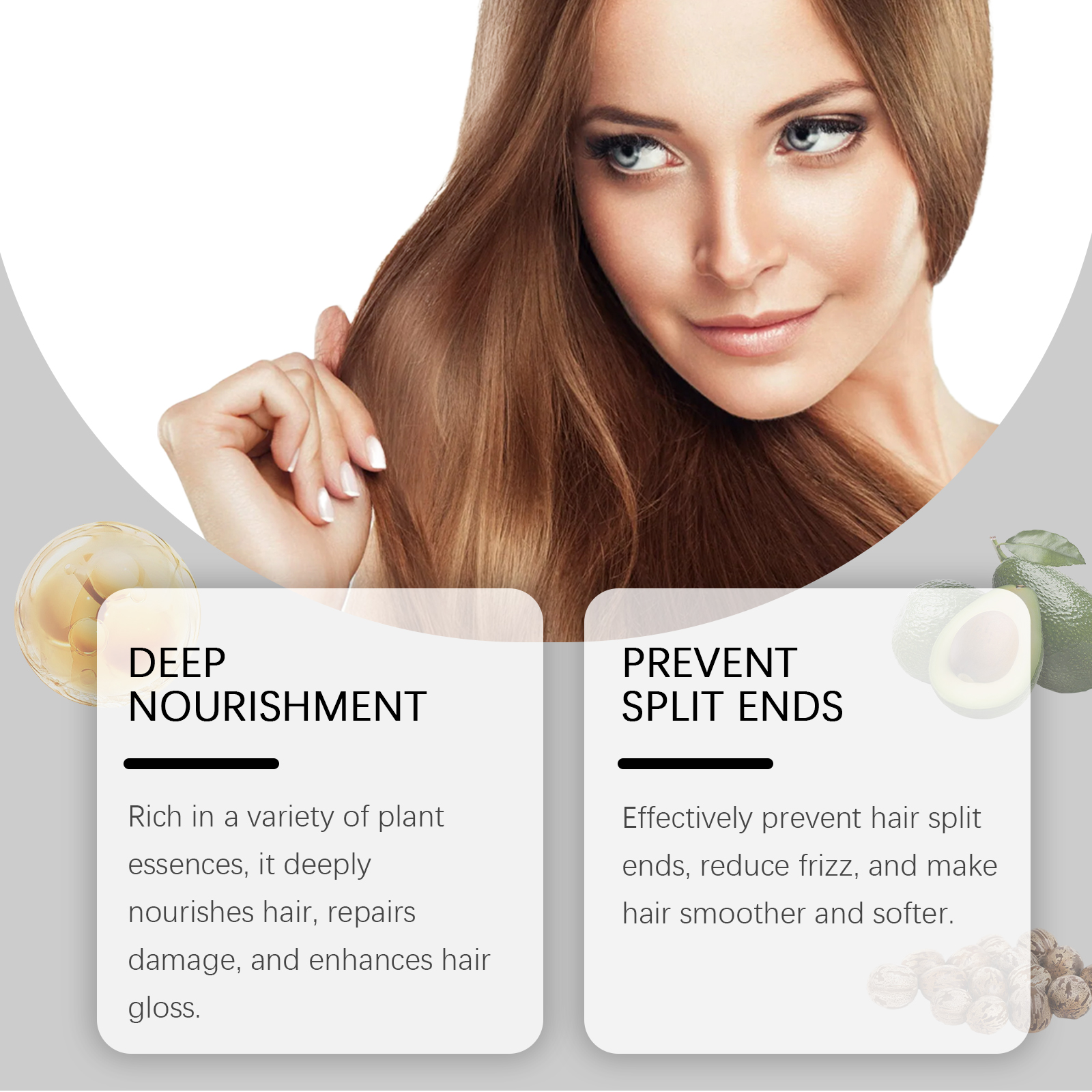 Woman with smooth brown hair beside nourishment claims