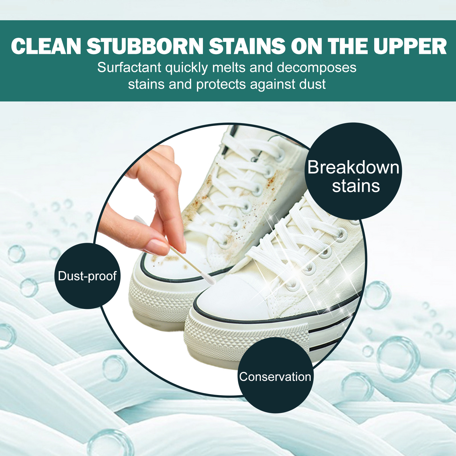 White sneakers shown with dust-care cleaning product claims