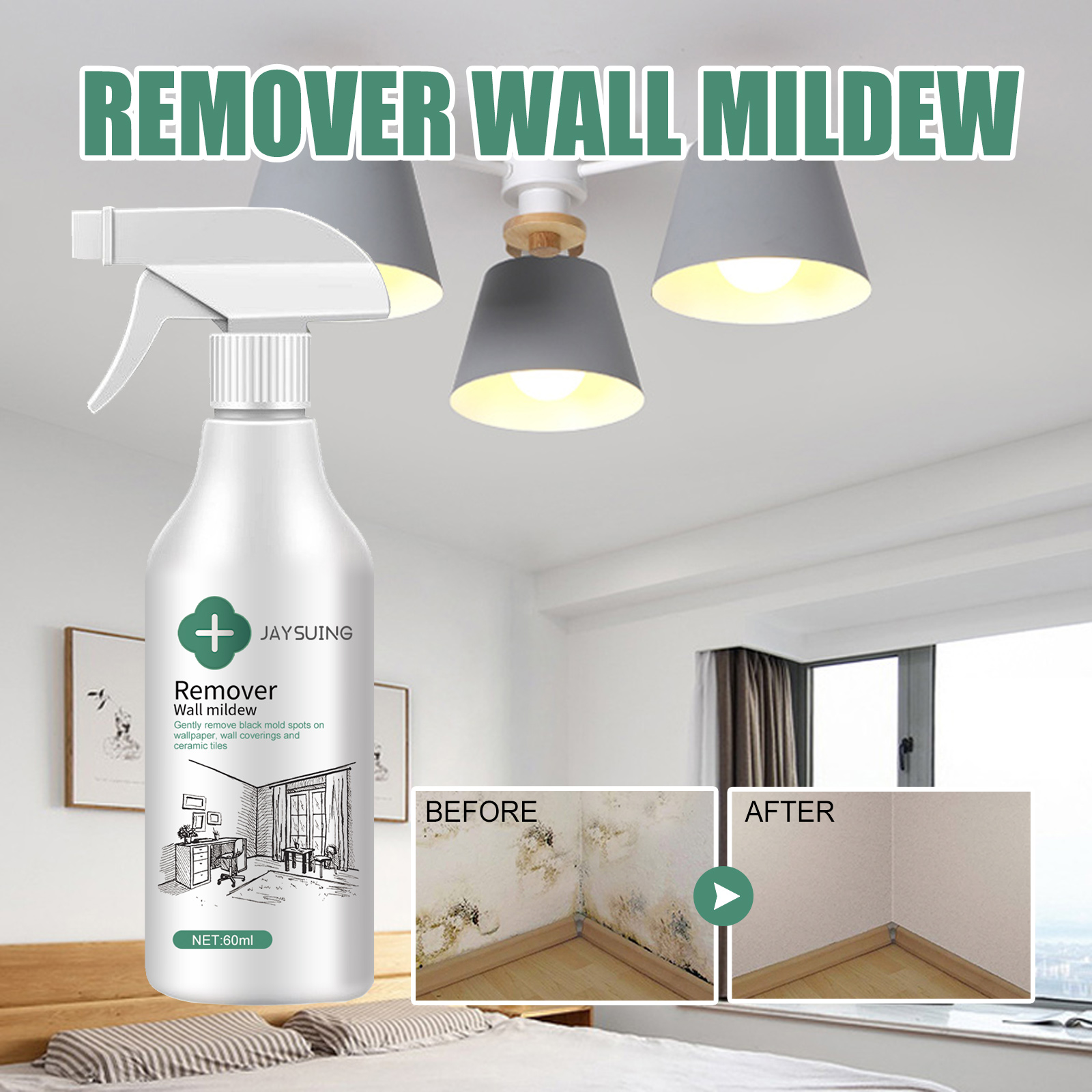 Compact mildew remover bottle beside cleaned wall area