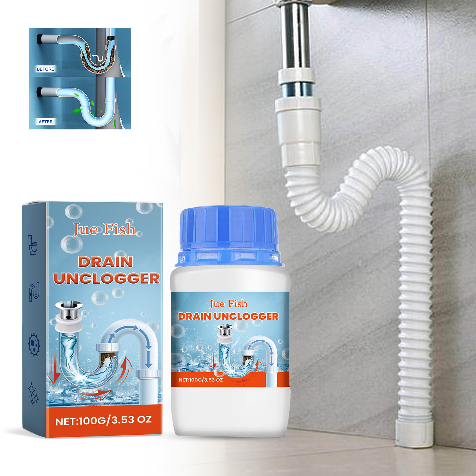Compact drain unclogger beside bathroom plumbing