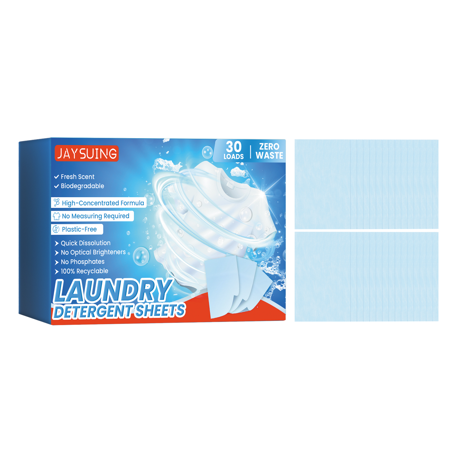 Plastic-free carton beside flat blue detergent sheets