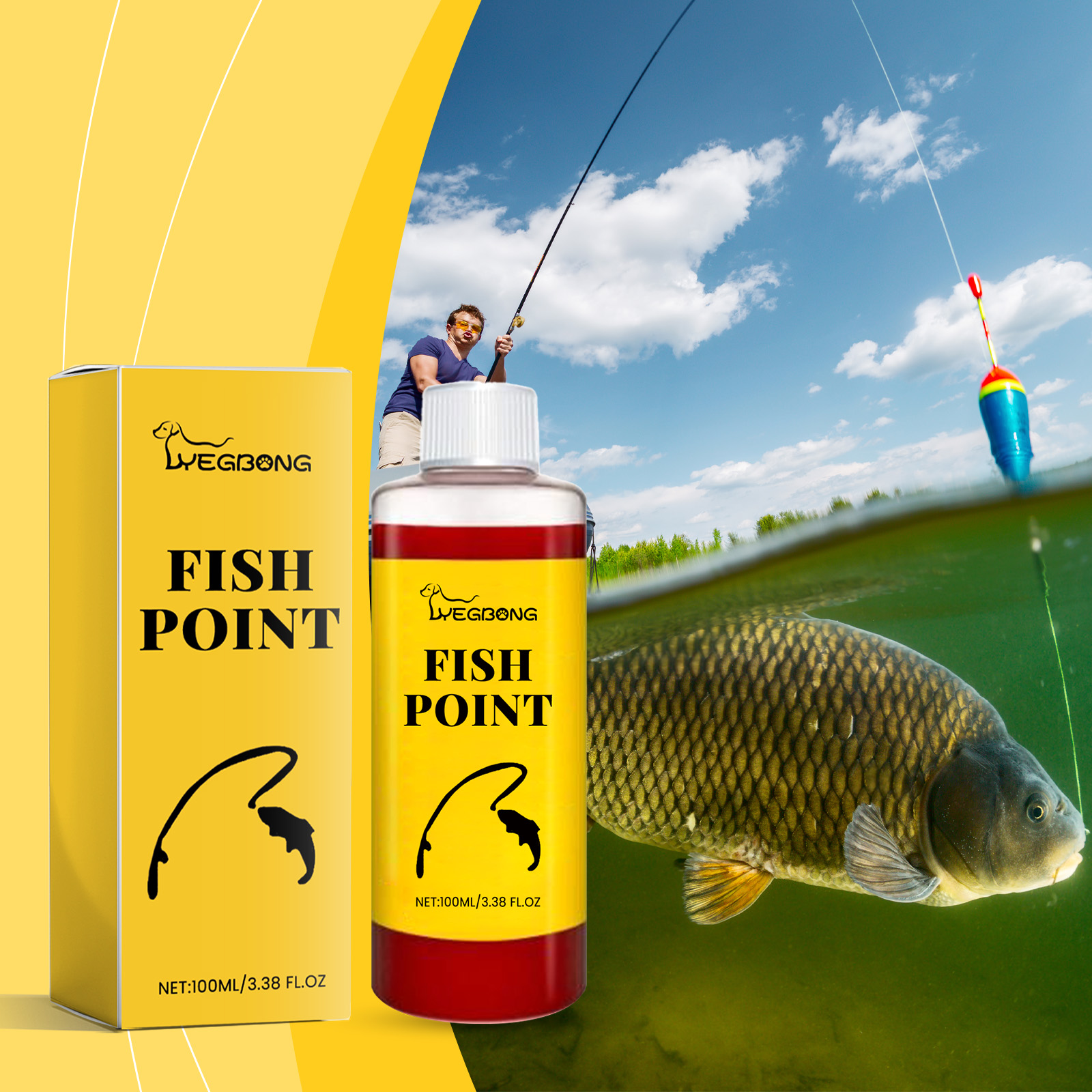 Freshwater angler using fish attractant near catch