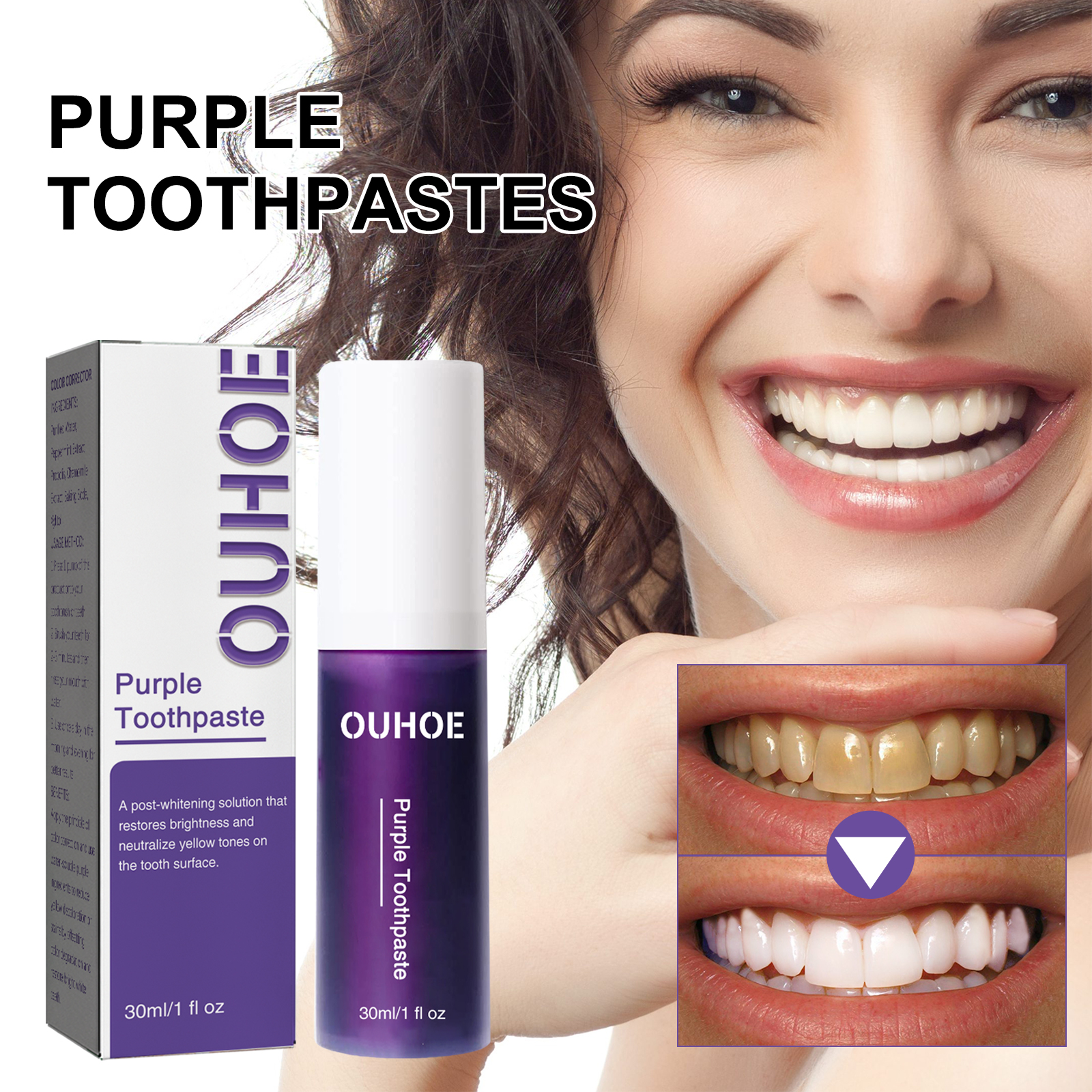 Travel-size purple toothpaste beside bright smile imagery