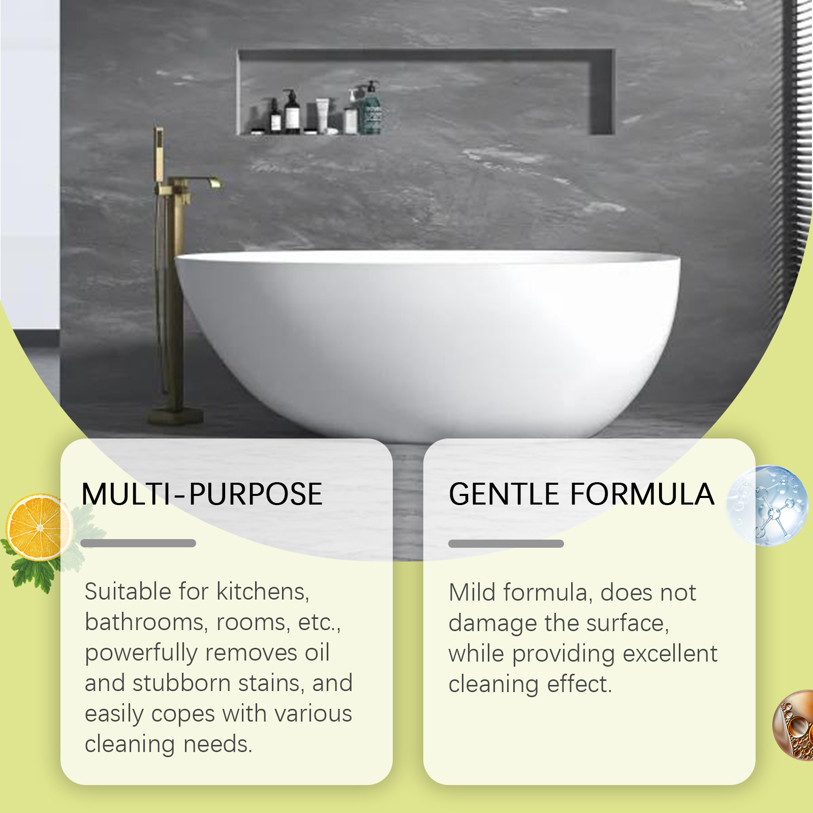 White trigger bottle shown in hand near bathtub