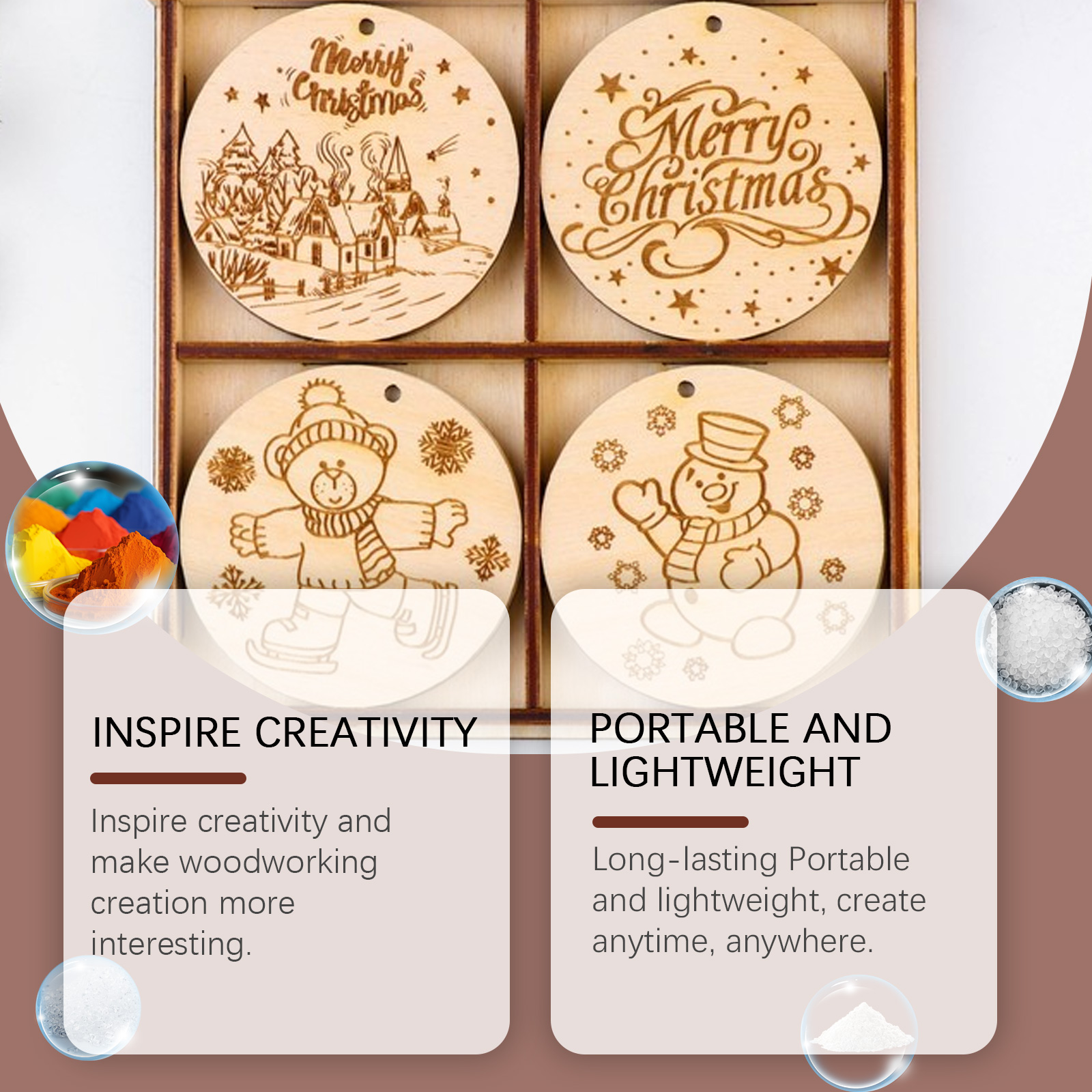 Wood burning pens beside finished seasonal ornaments