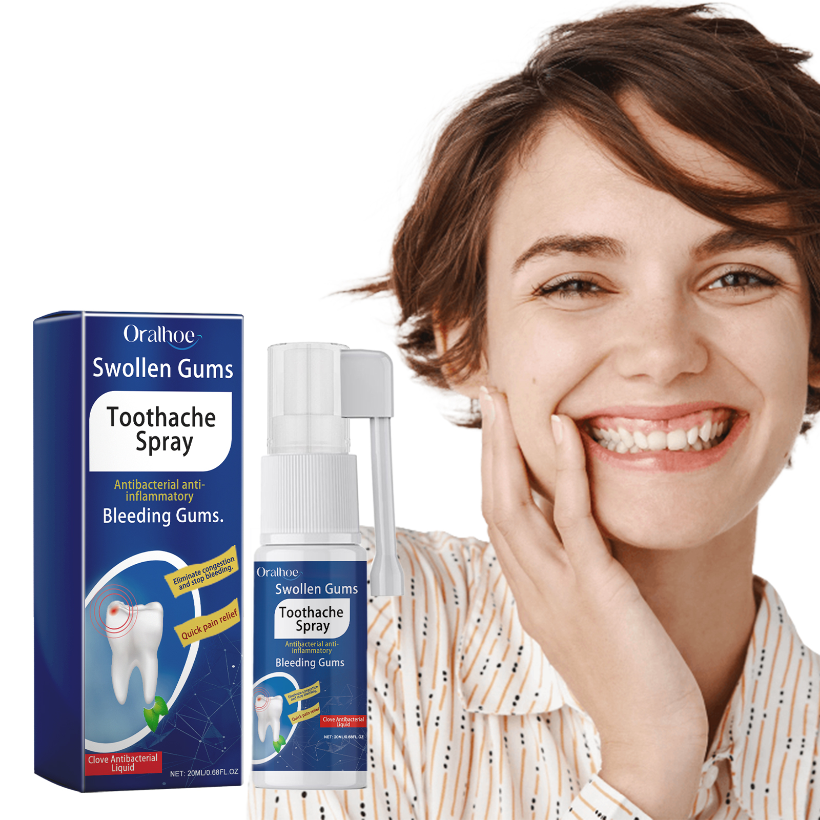 Woman holding compact toothache spray during oral care