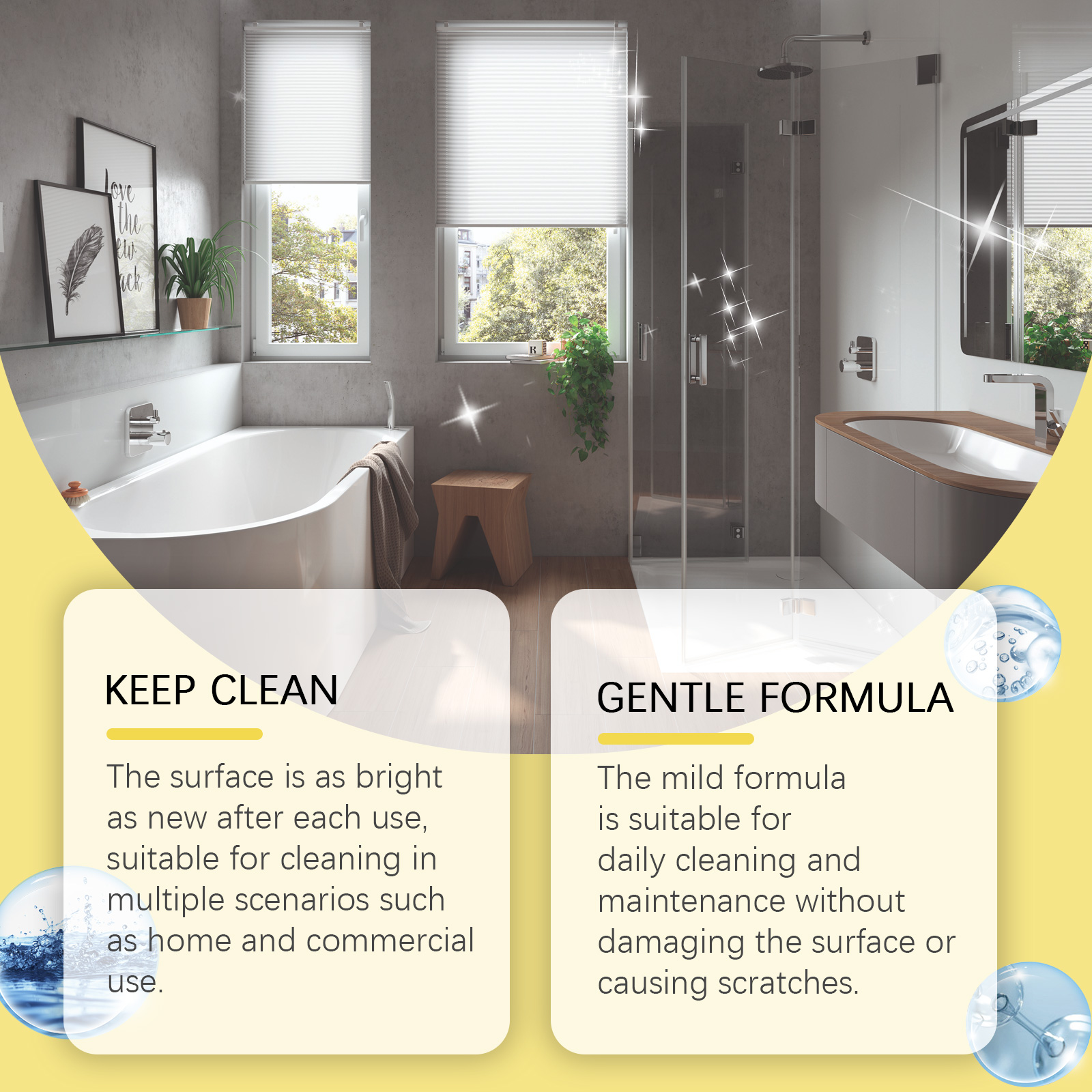 Bright bathroom scene showing gentle cleaning formula