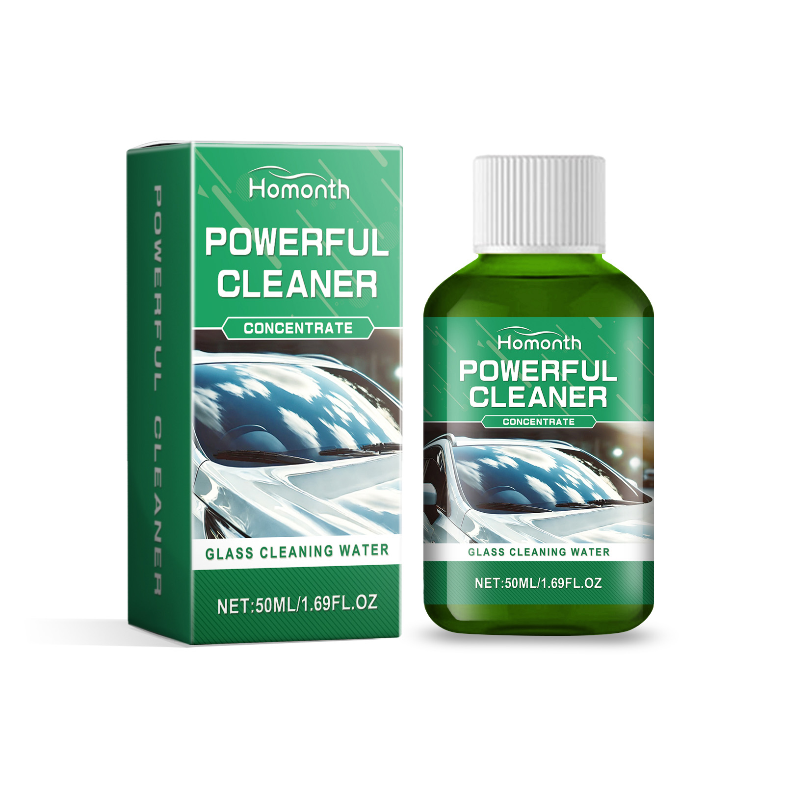 Green cleaner bottle and carton showing compact format