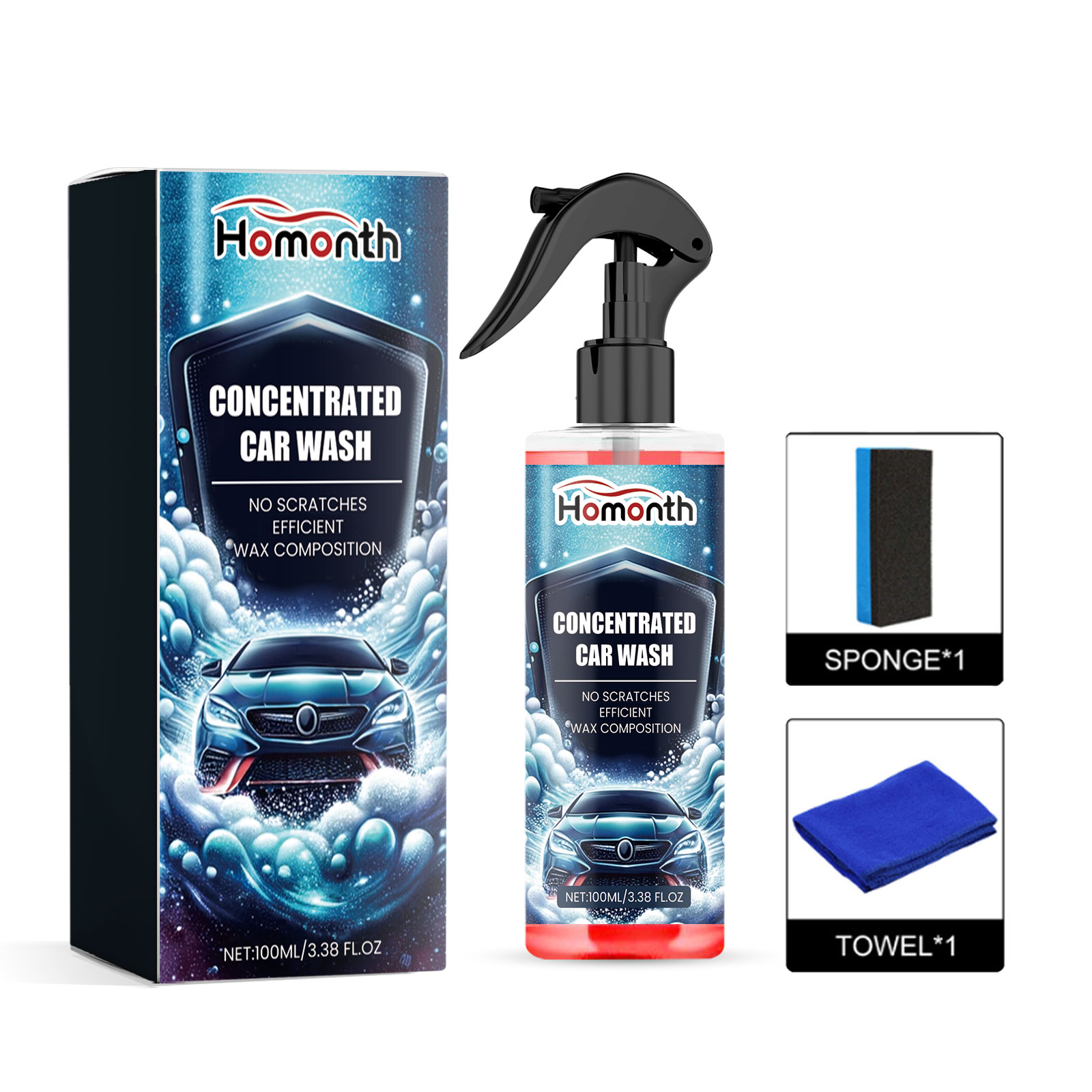 Car wash bottle and accessories in compact product presentation