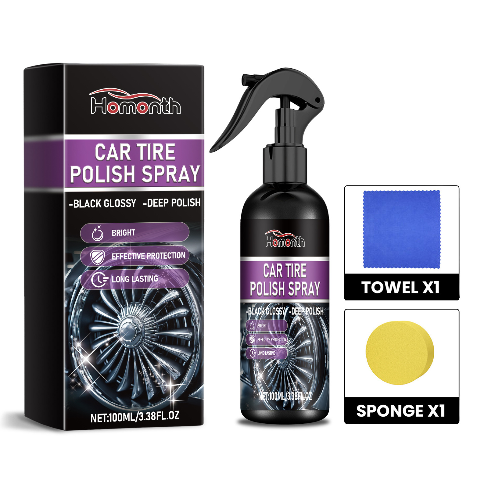 Tire polish bottle towel sponge and retail box