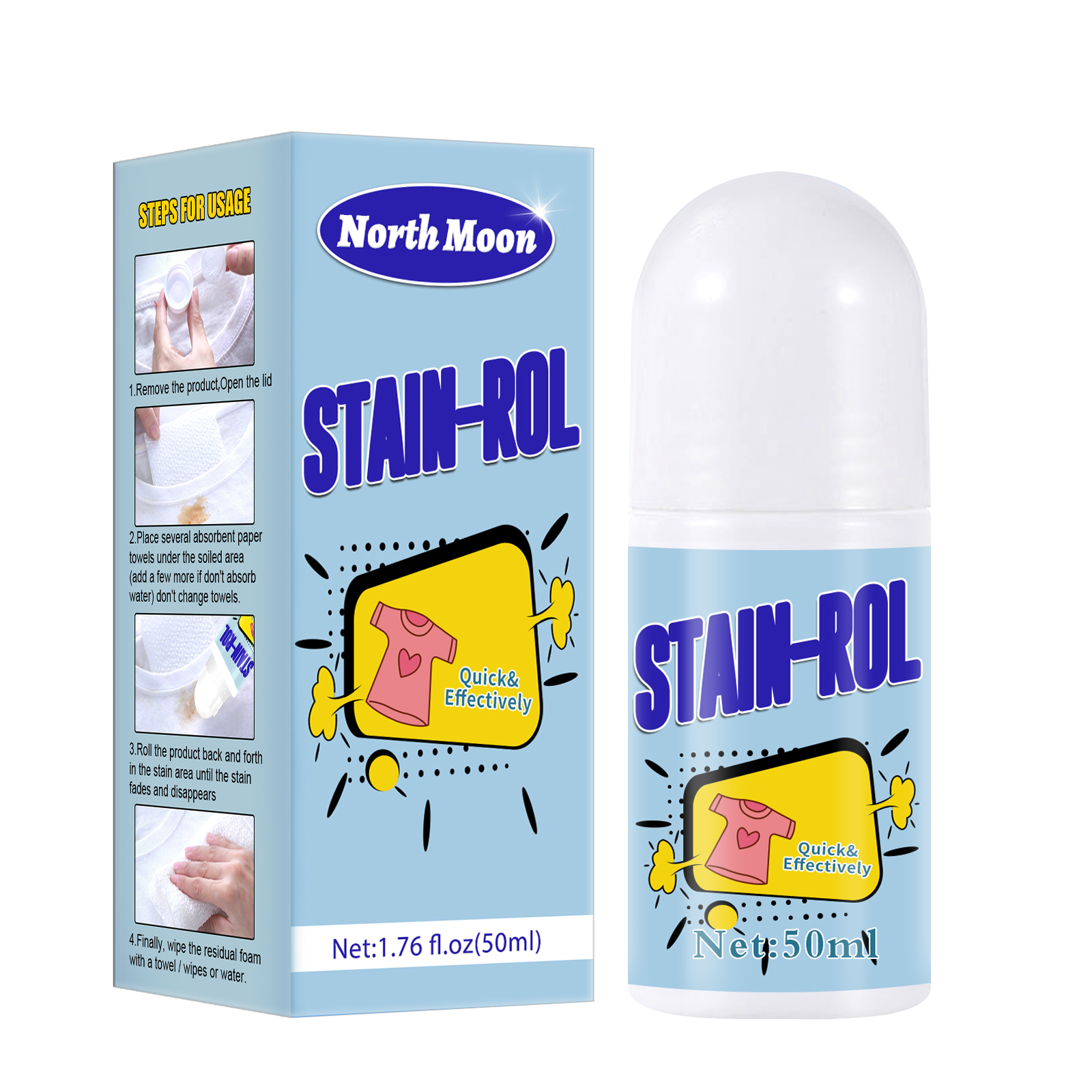 Roll-on stain remover beside common stain examples