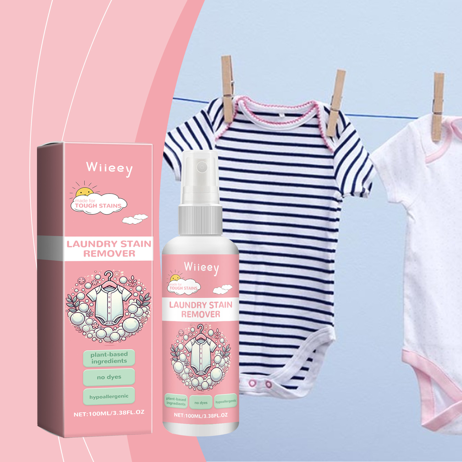 Stain remover beside baby onesies on clothesline