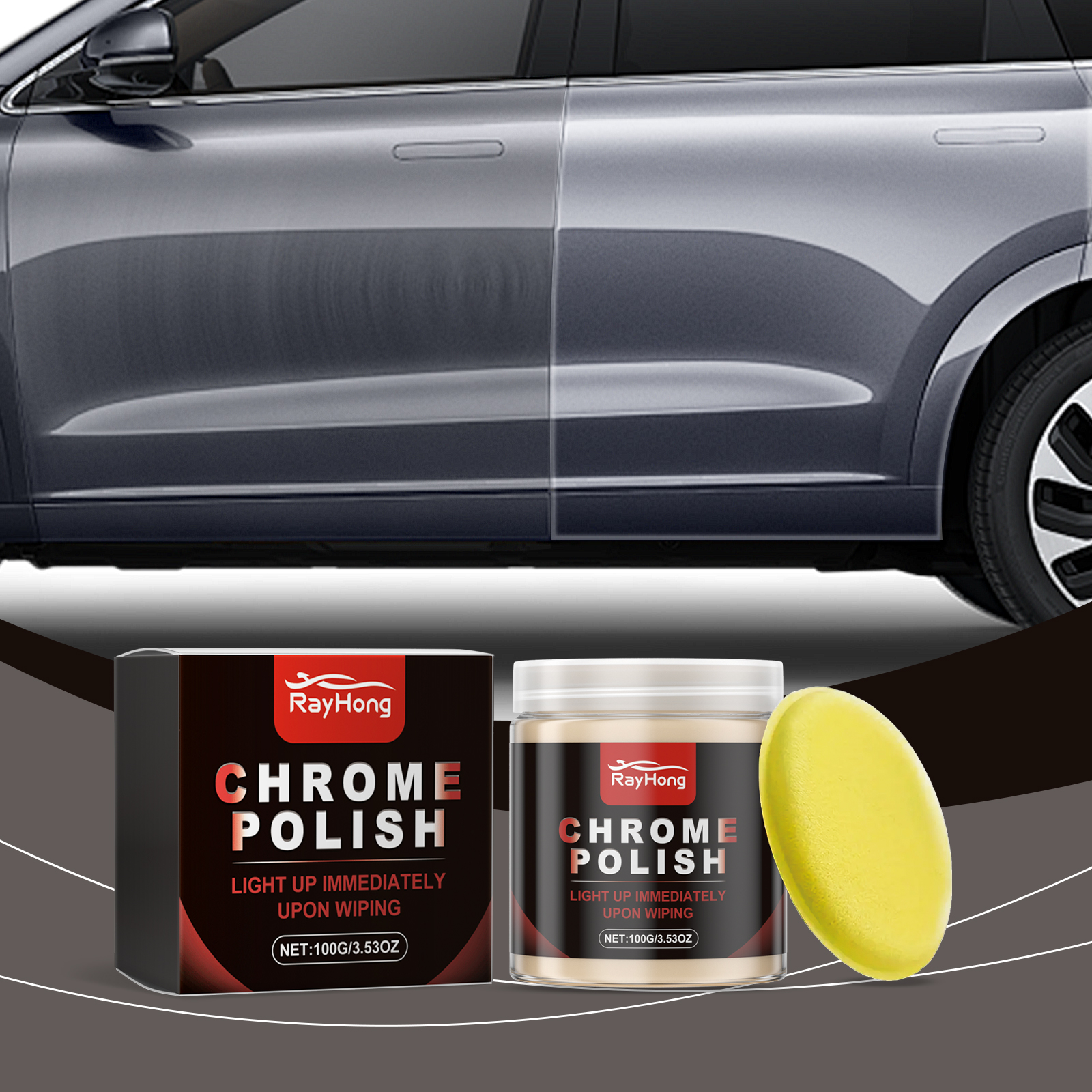 Chrome polish beside a silver vehicle exterior panel