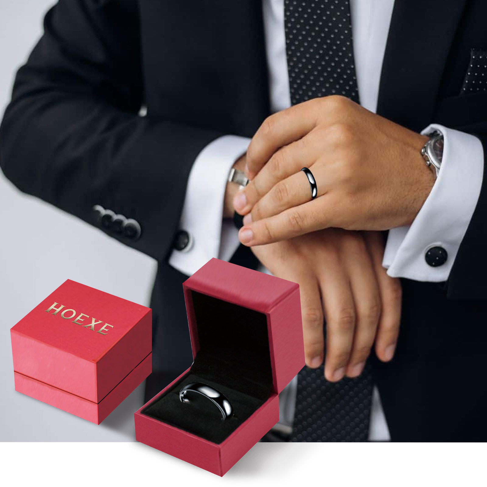 Polished black ring styled with professional clothing