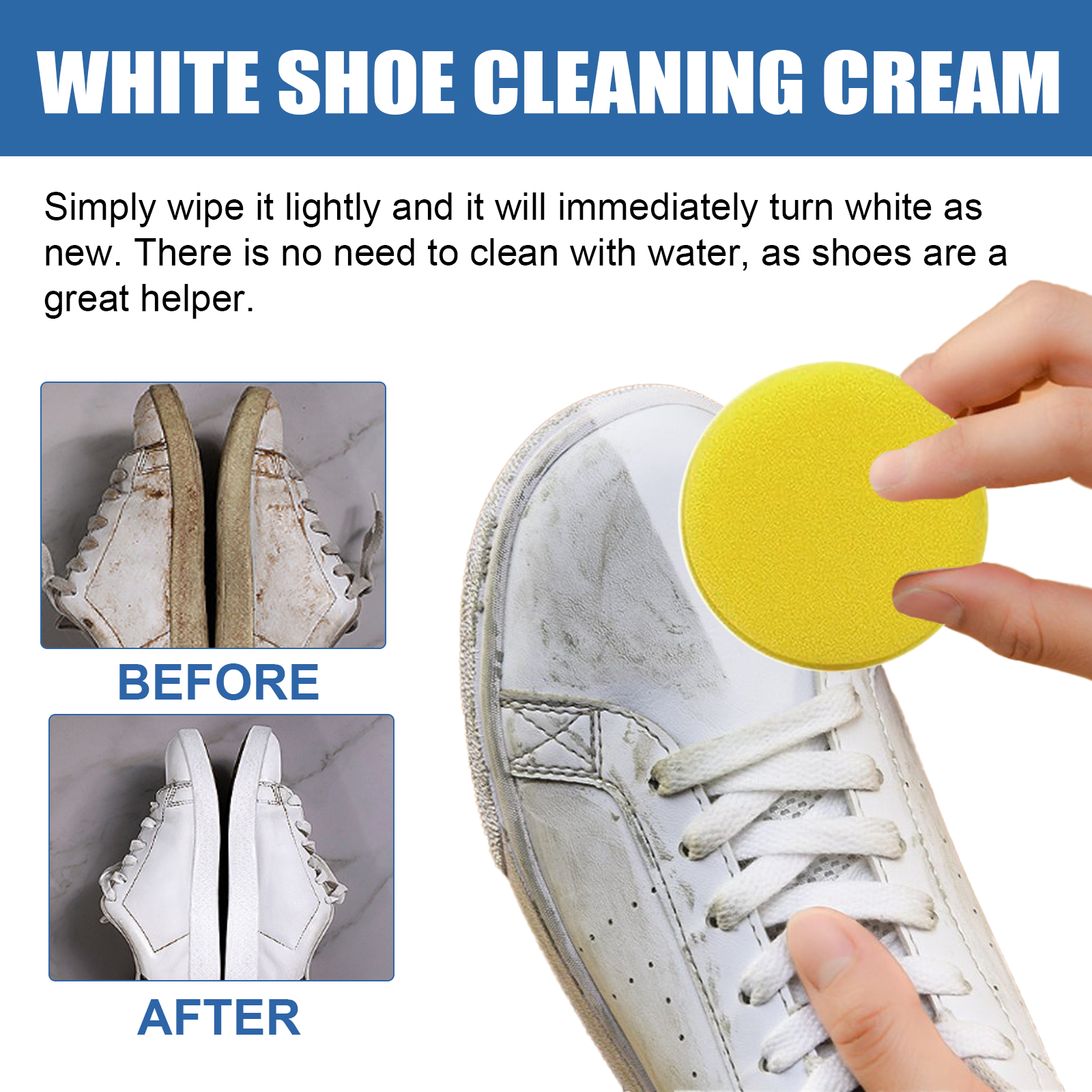 Before and after images of a cleaned white sneaker