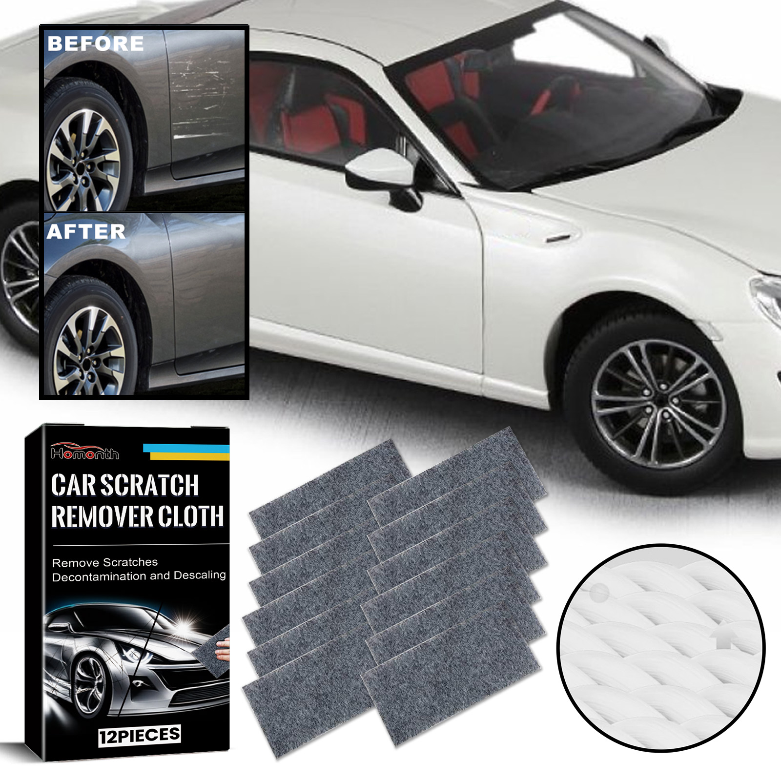 Close view of textured polishing cloth beside car panel