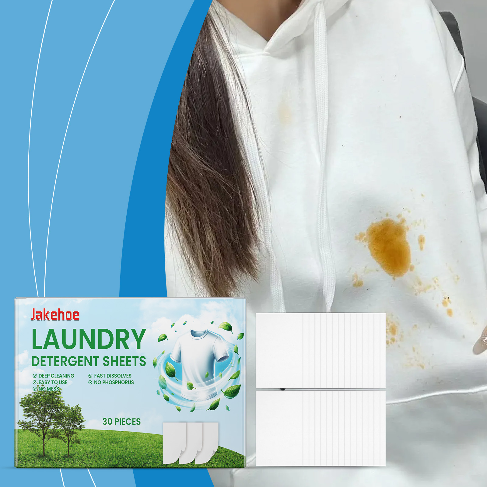 White hoodie stain beside detergent sheet package