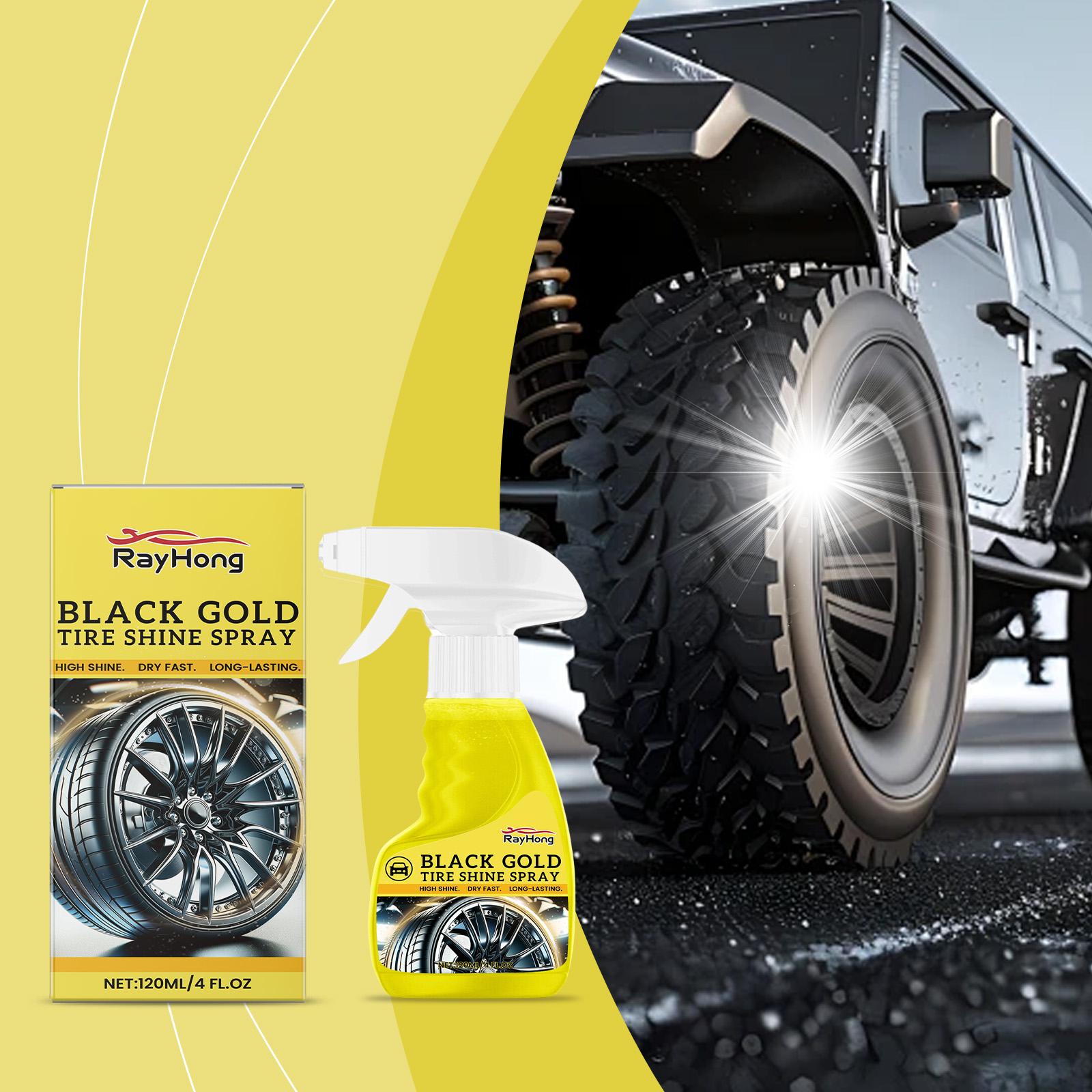 Dark glossy tire beside Black Gold spray bottle
