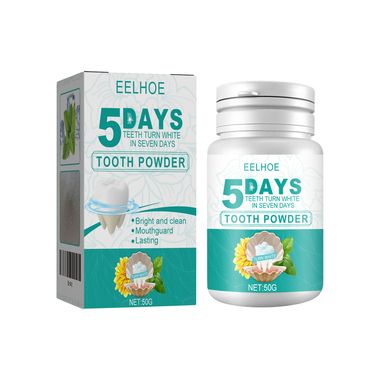 EELHOE tooth powder packaging in matching teal design