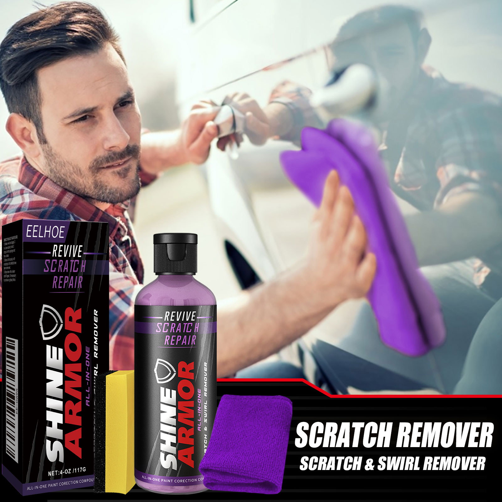 Applicator sponge spreading polish across car exterior