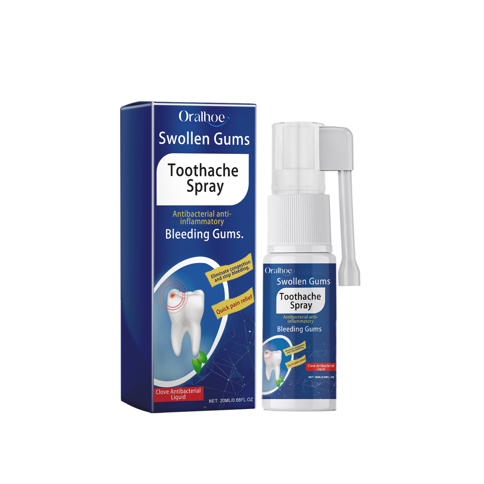Toothache spray bottle and carton with oral care claims