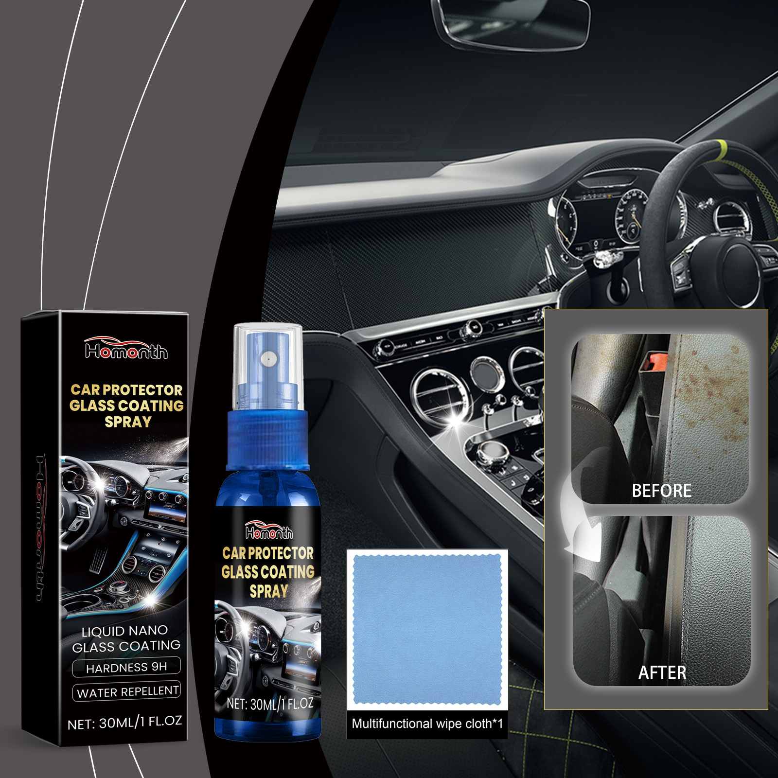 Automotive interior before and after cleaner darker finish