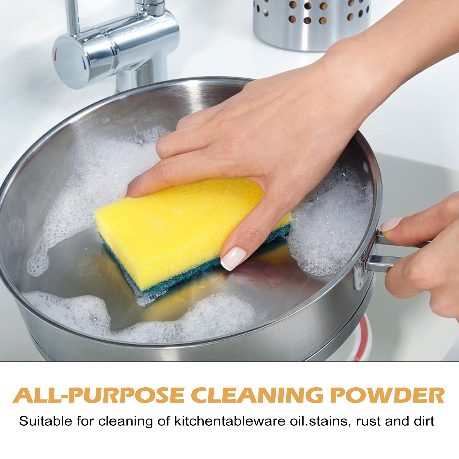Cleaner applied while scrubbing a stainless steel pan