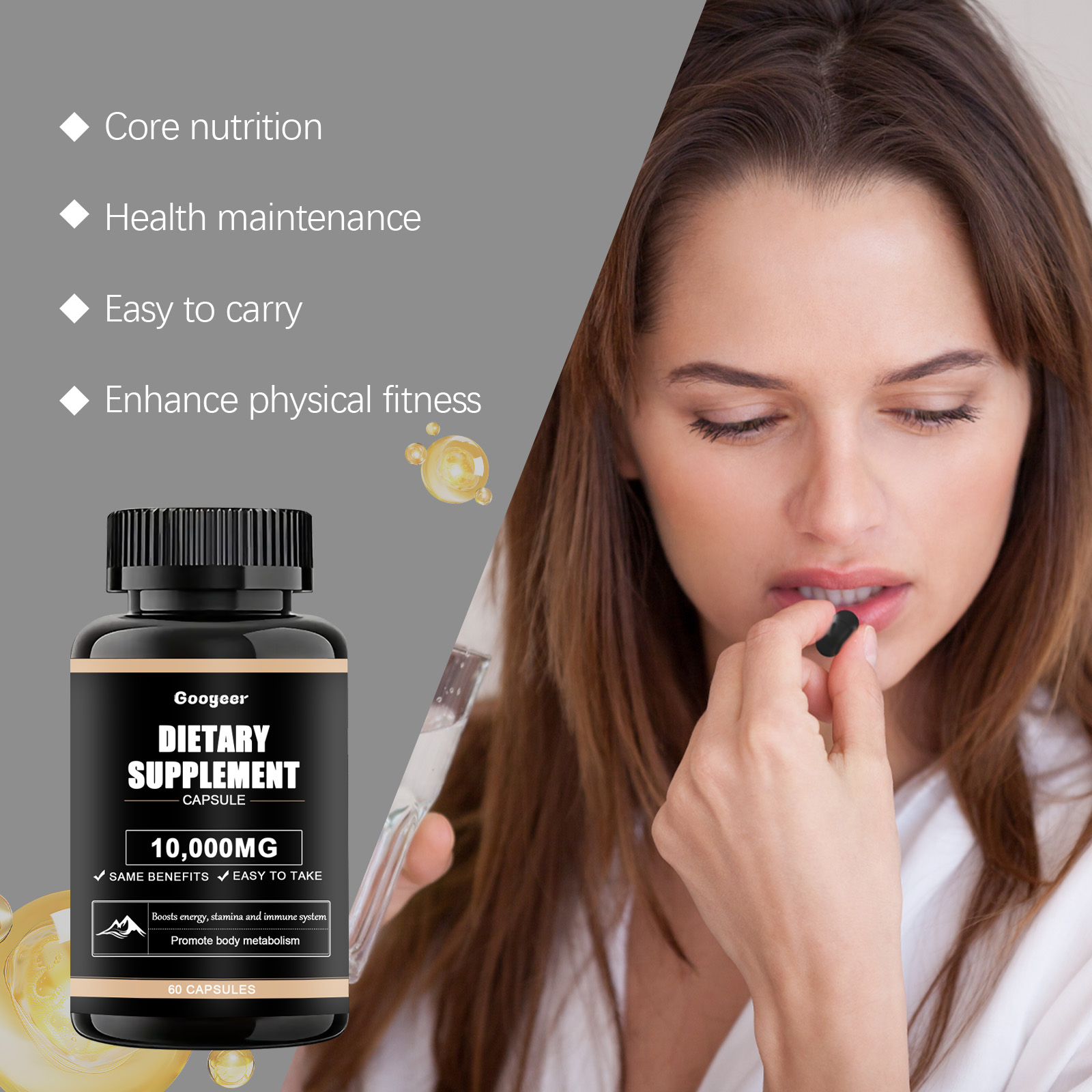 Close-up of bottle label with golden supplement droplet icon and benefit callouts