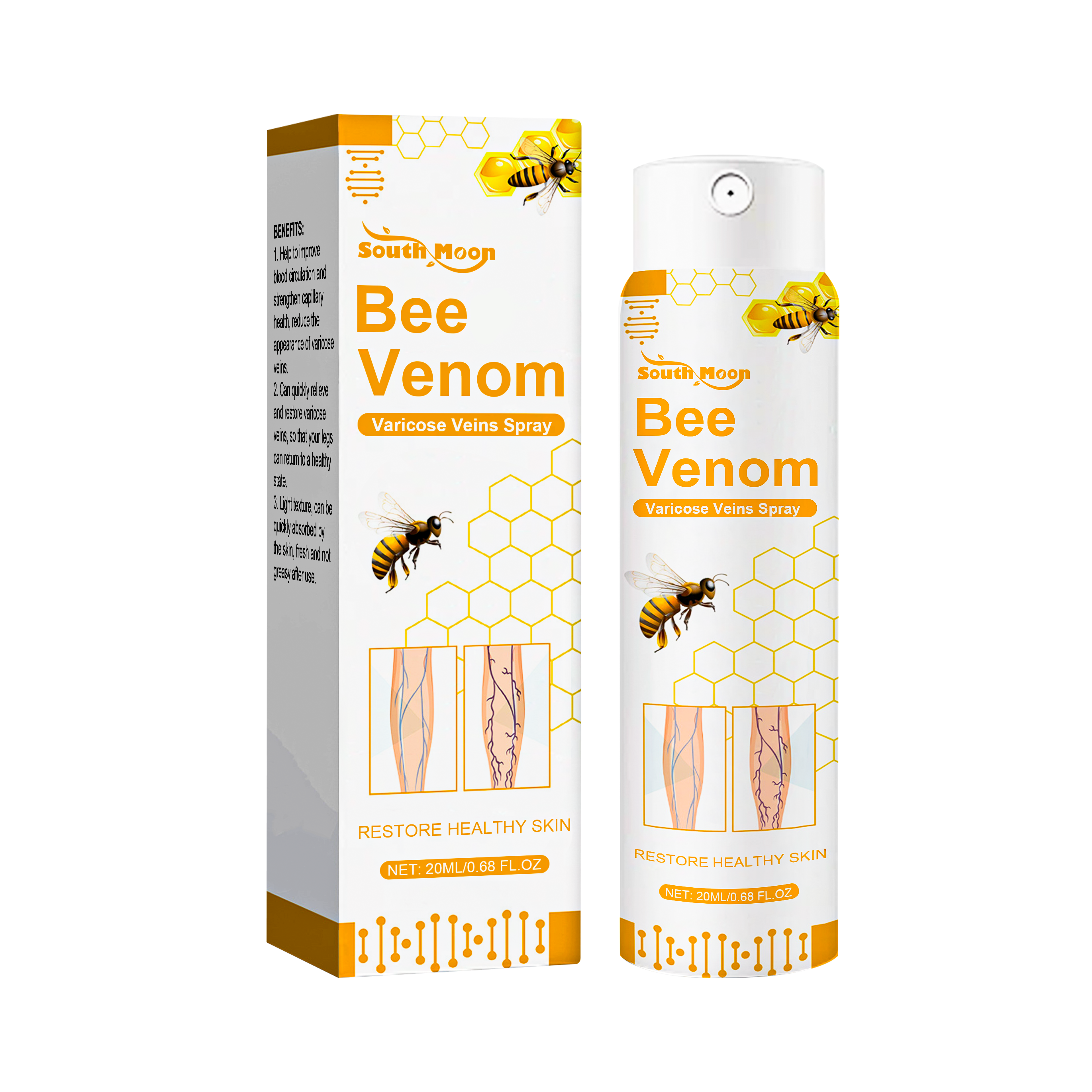 Bee venom spray bottle and carton front view