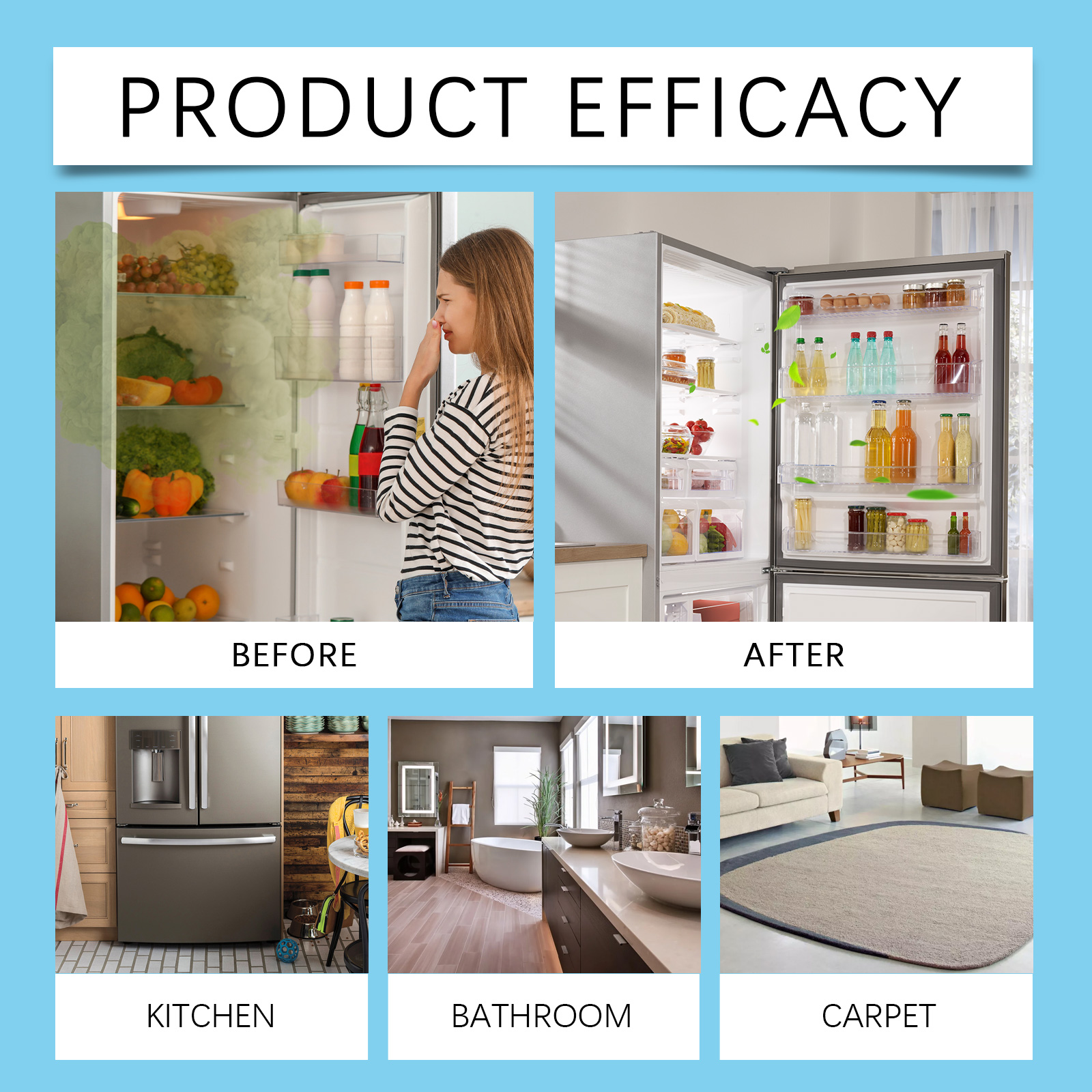 Cleaner refrigerator interior shown in a household cleaning collage