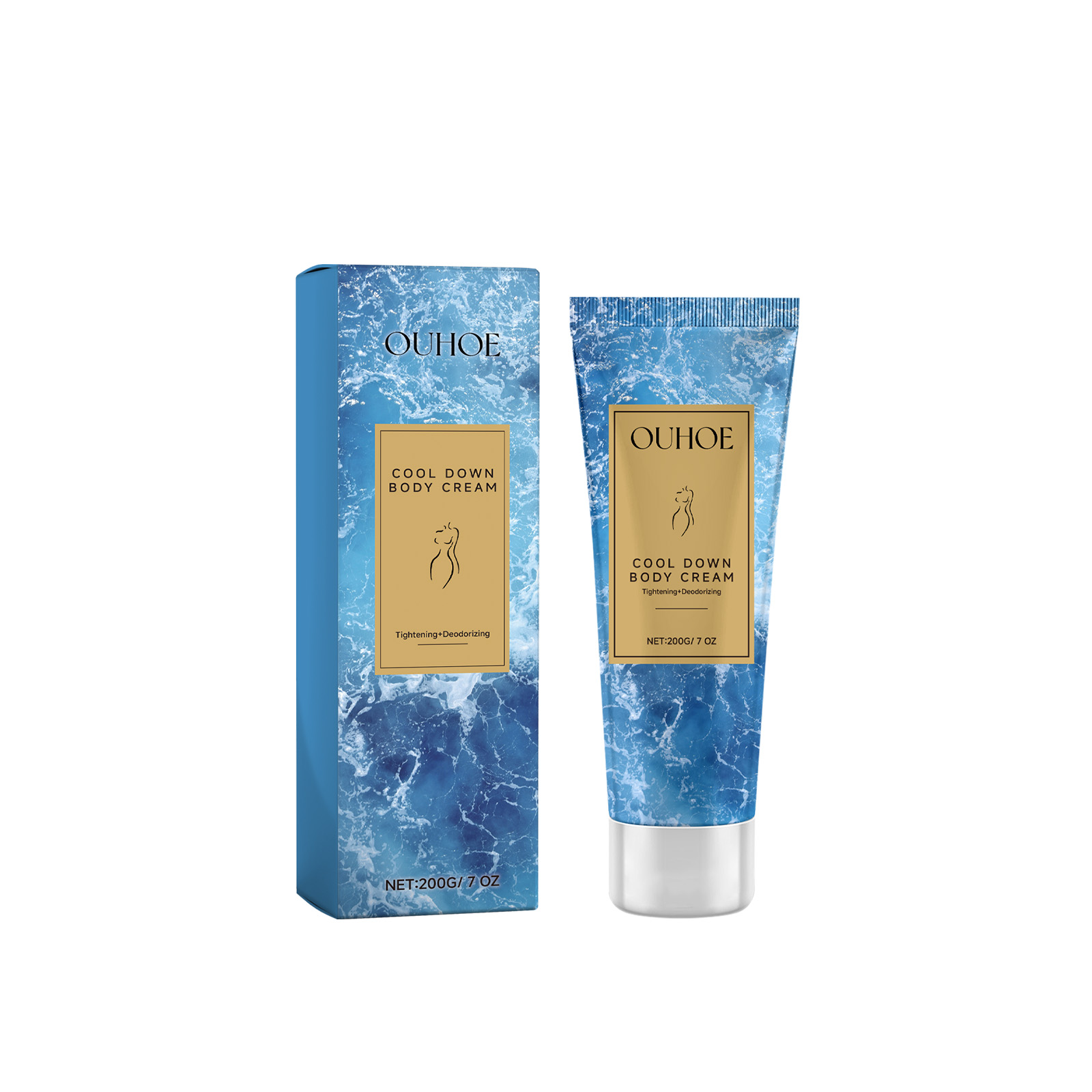 Blue marbled body cream tube with gold label panel