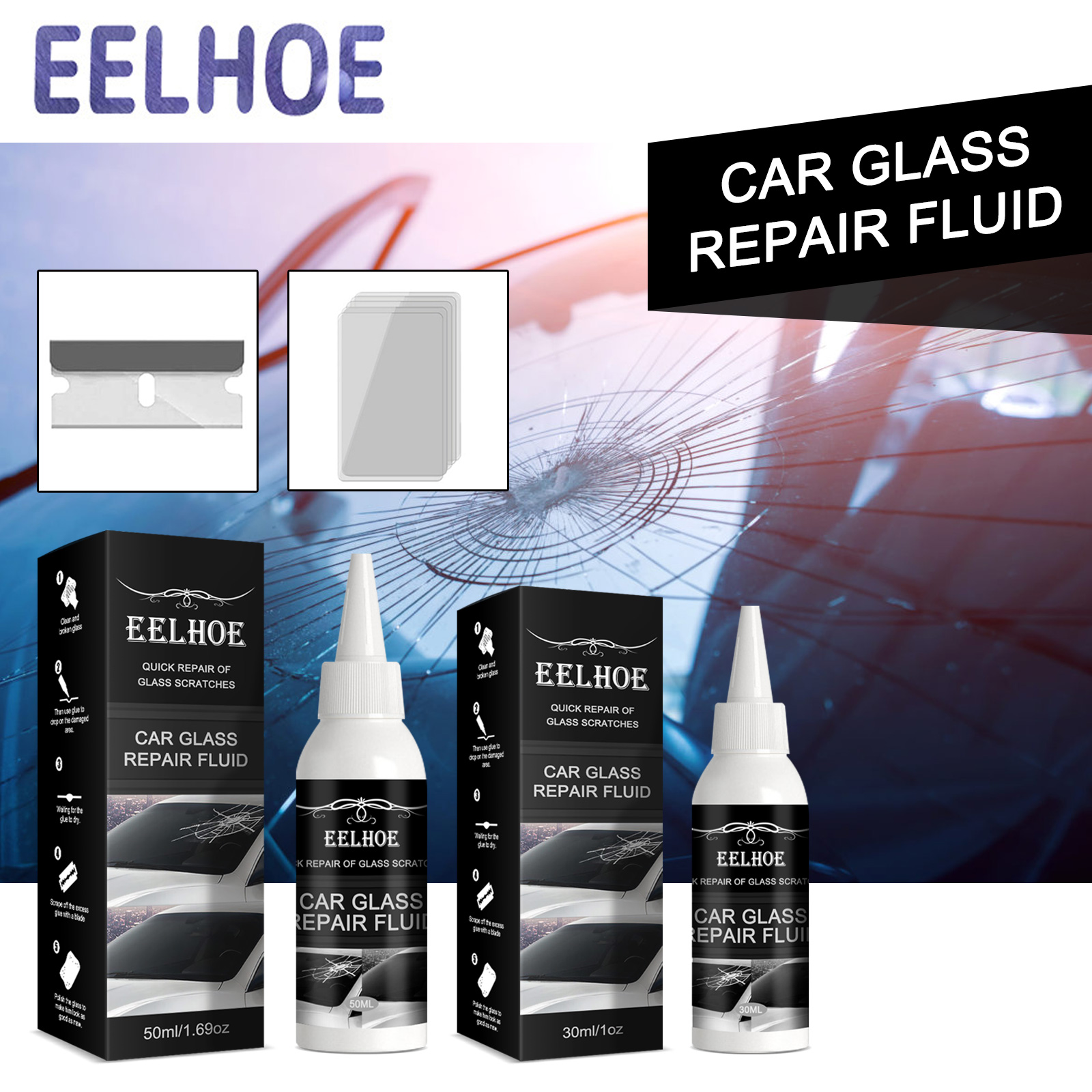 Compact automotive glass repair fluid in two visible sizes