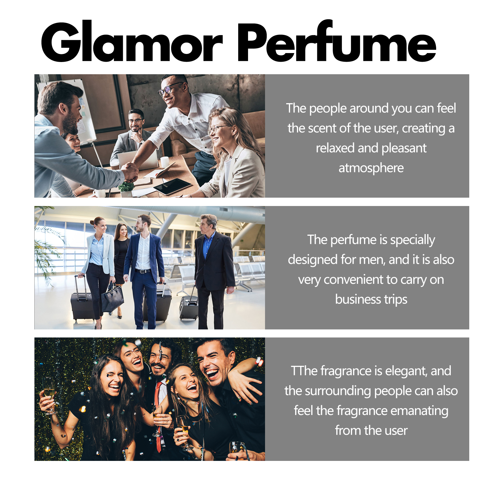 Glamor perfume shown beside travel and business scenes