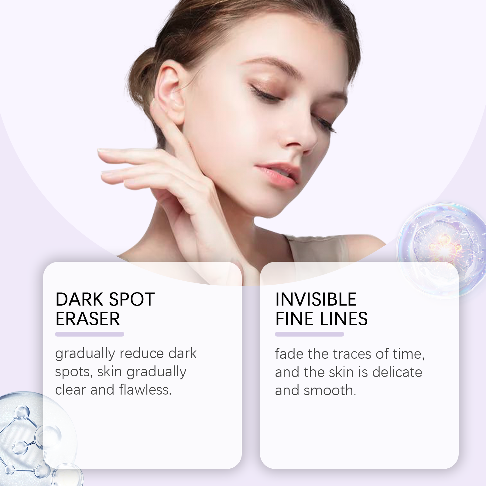 Woman beside Hoygi serum smoothing benefit imagery