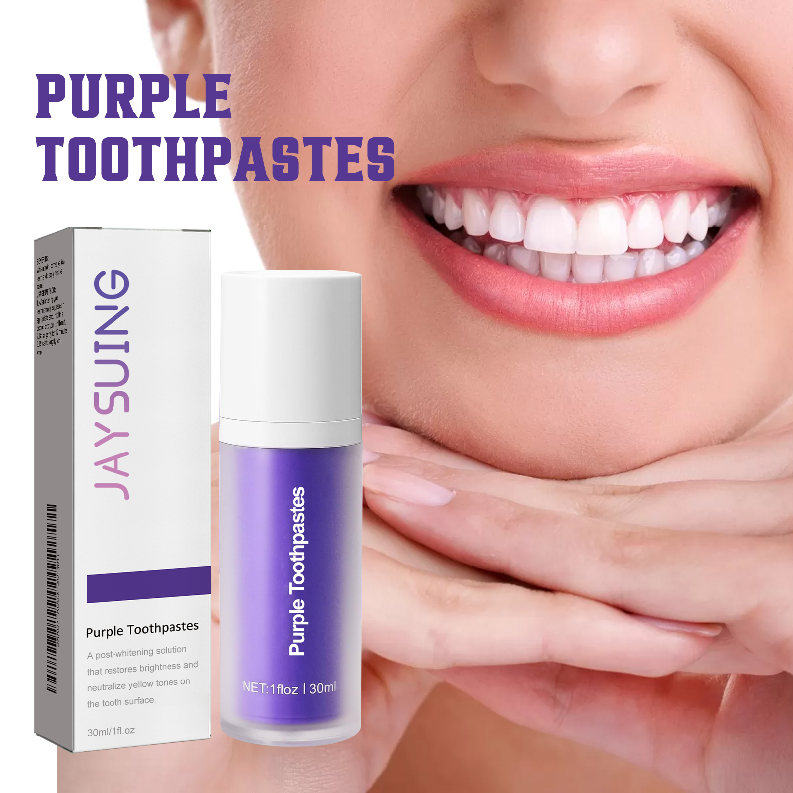 Purple toothpaste shown with a bright smiling mouth