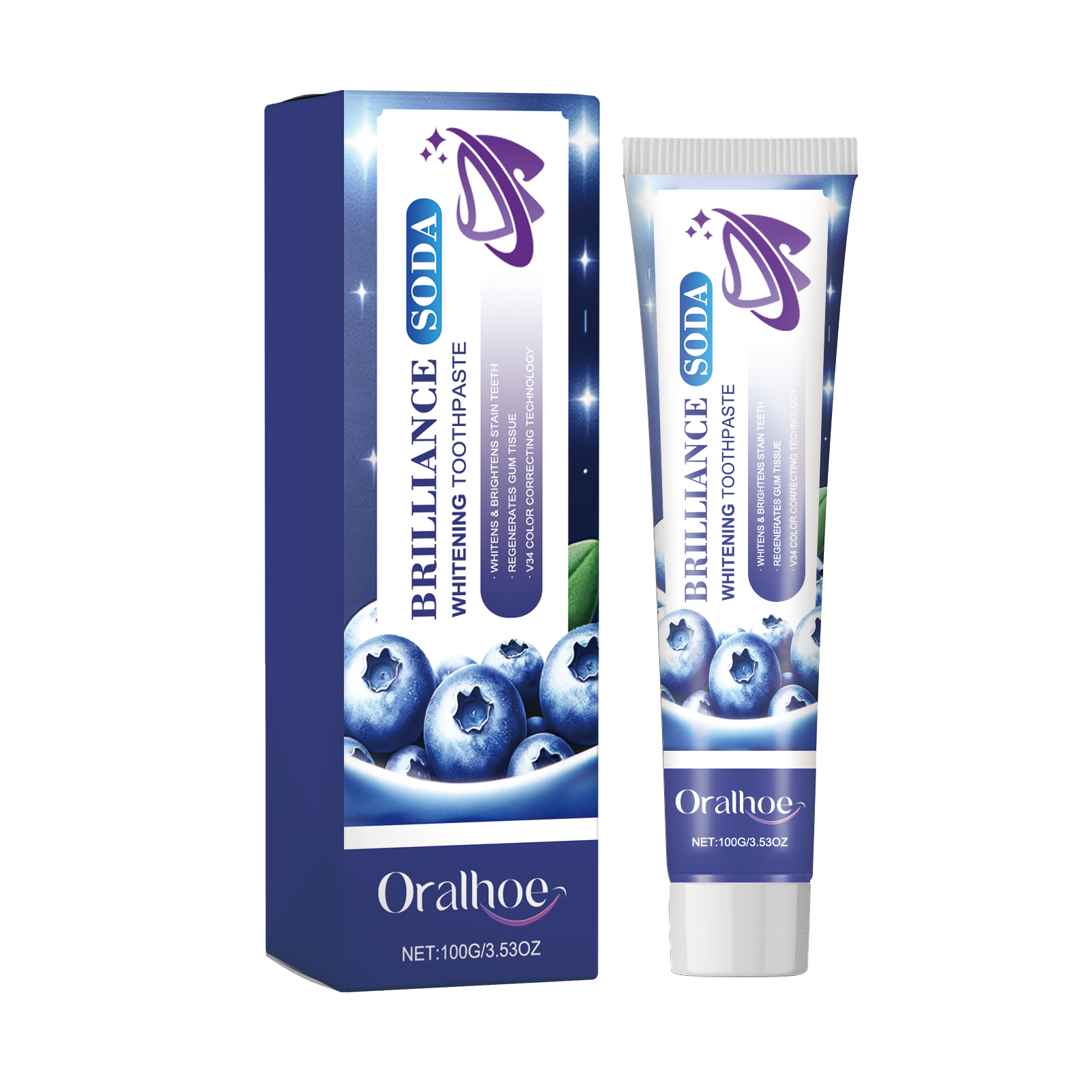 Blue-purple toothpaste packaging with whitening claims