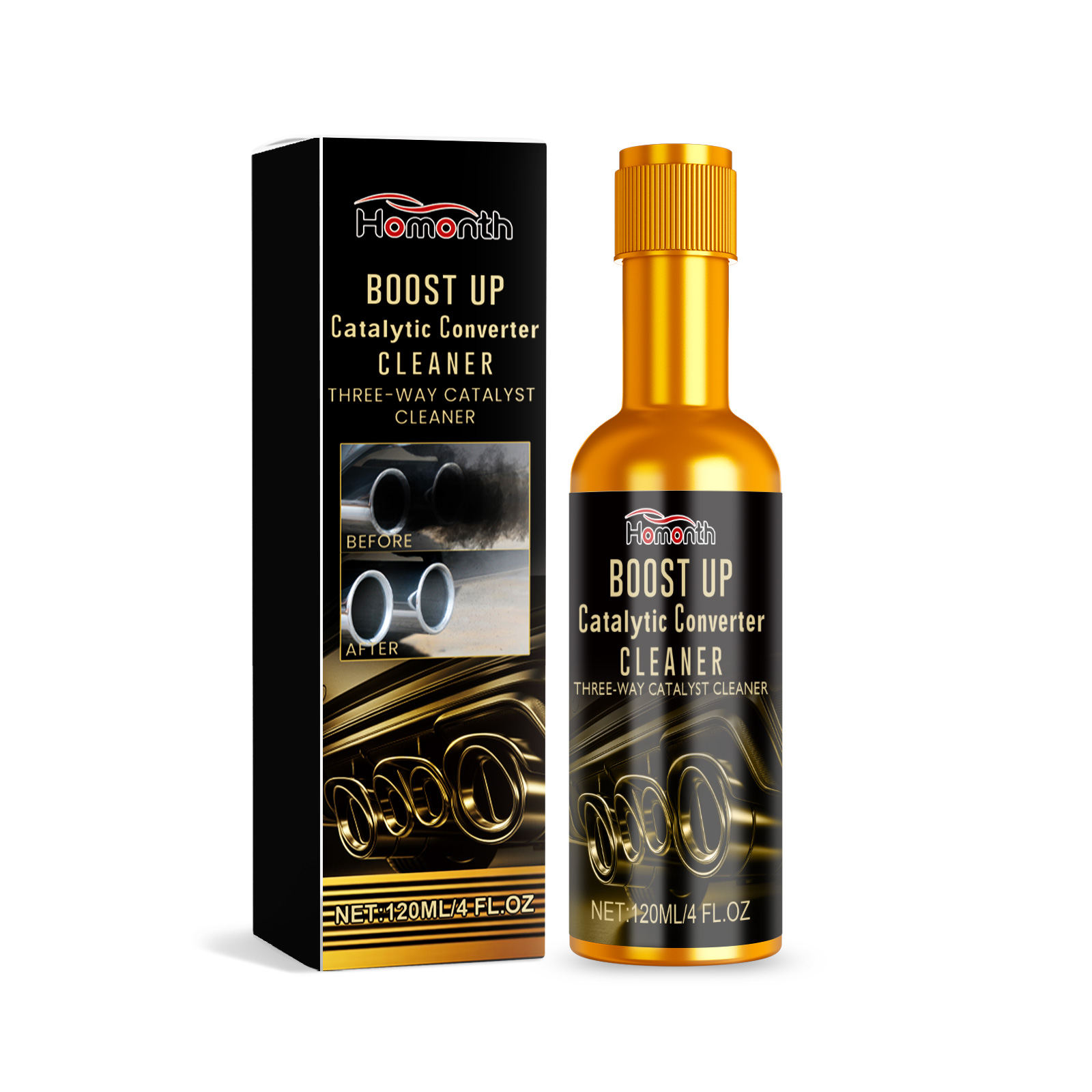 Compact amber cleaner bottle beside product box