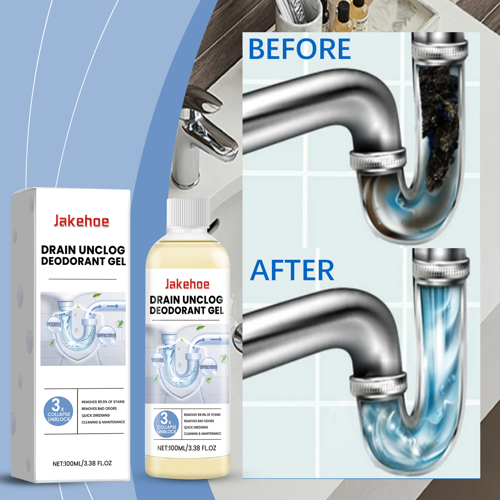 Before and after clogged drain trap with flowing water