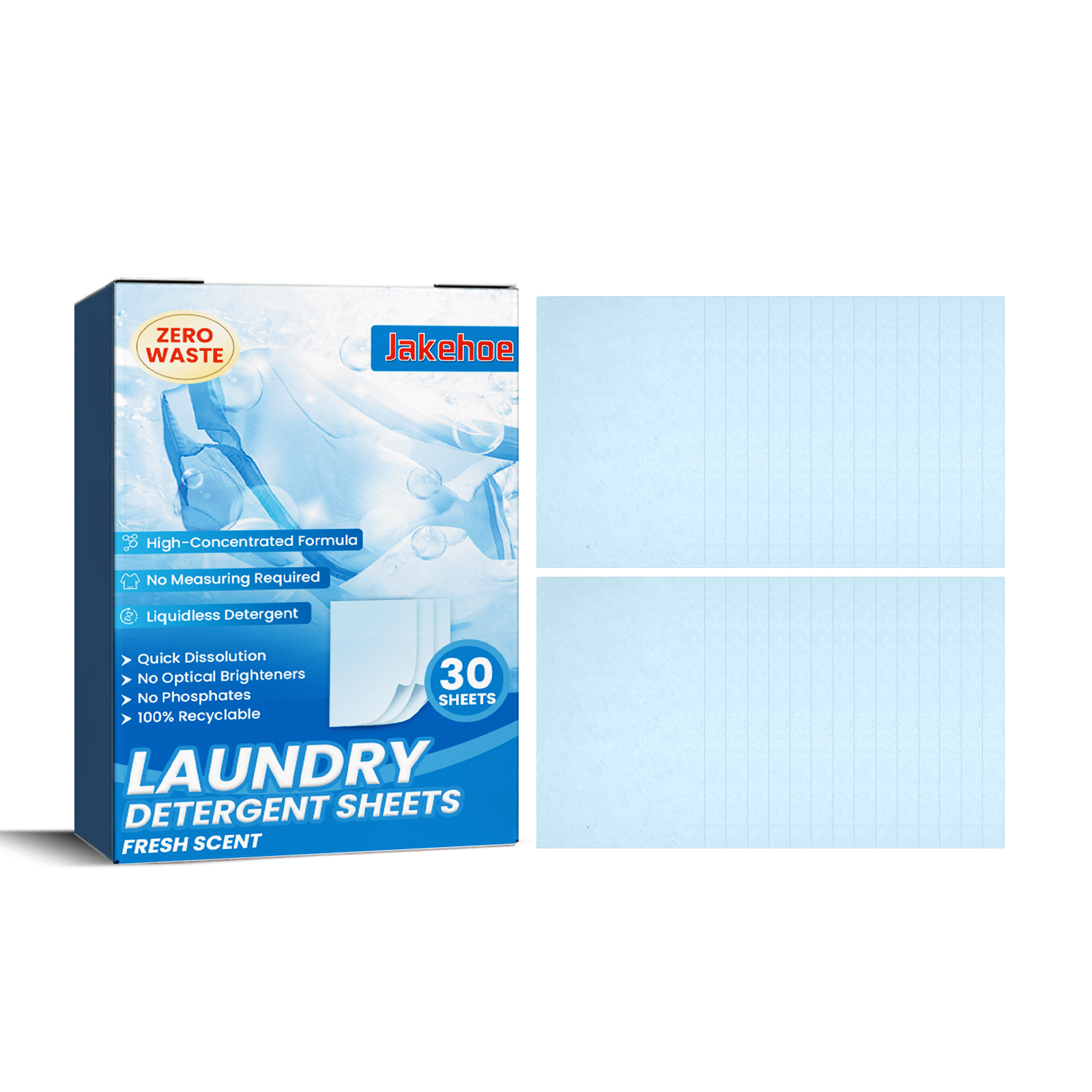 Detergent sheets beside compact cardboard package