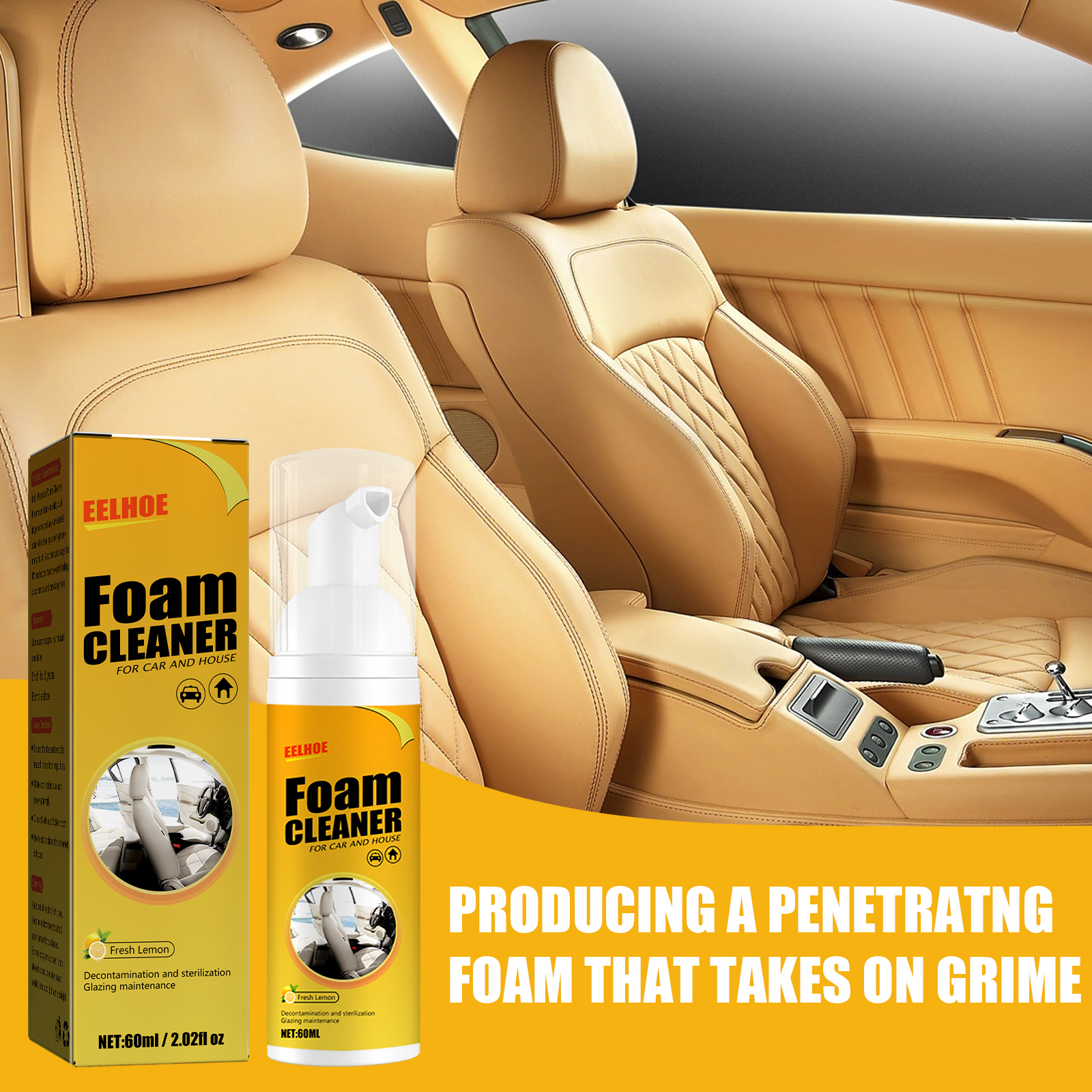 Foam cleaner positioned beside tan leather car seats