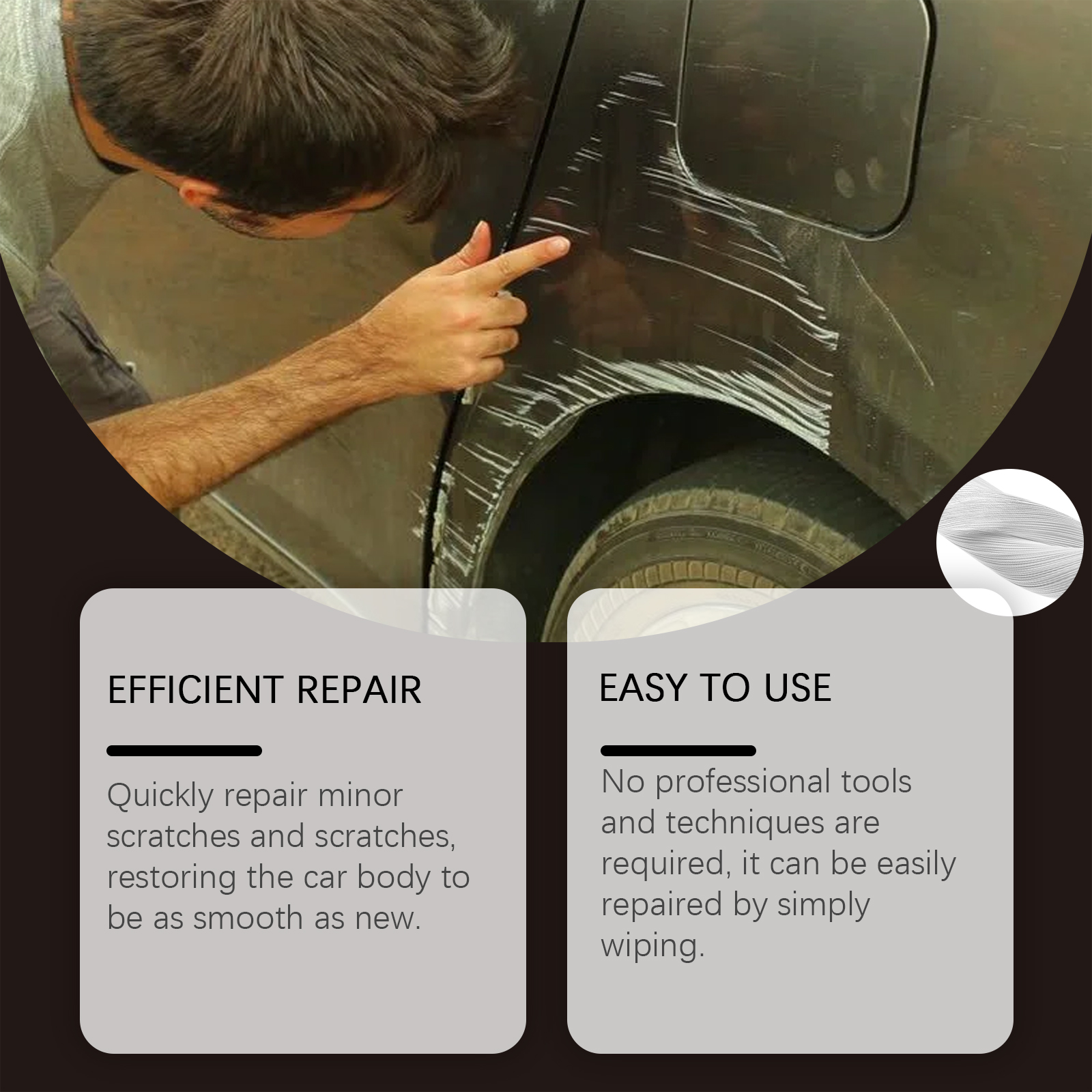 Cloth wiping a minor mark on a dark car panel