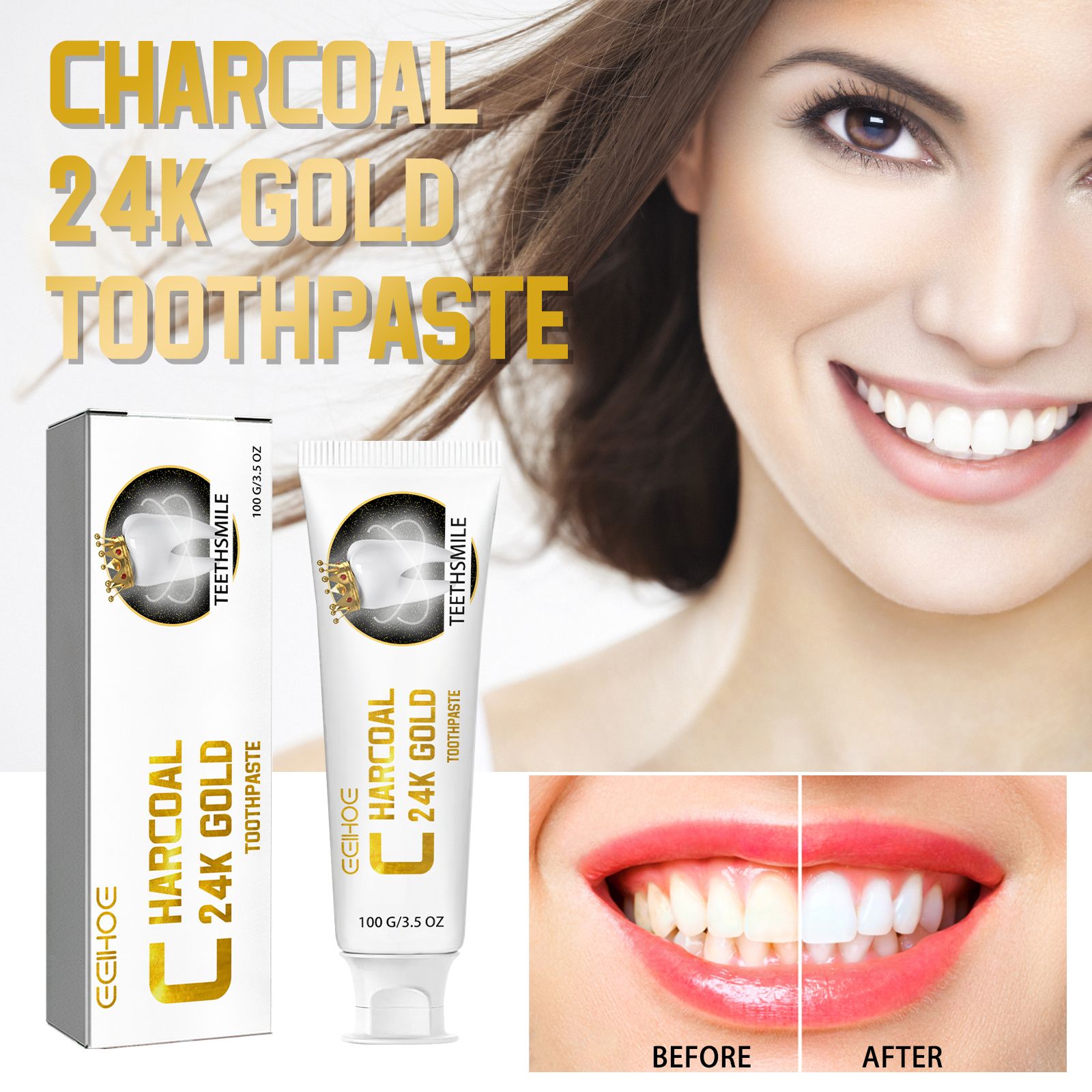 Smiling woman using charcoal toothpaste for fresh breath