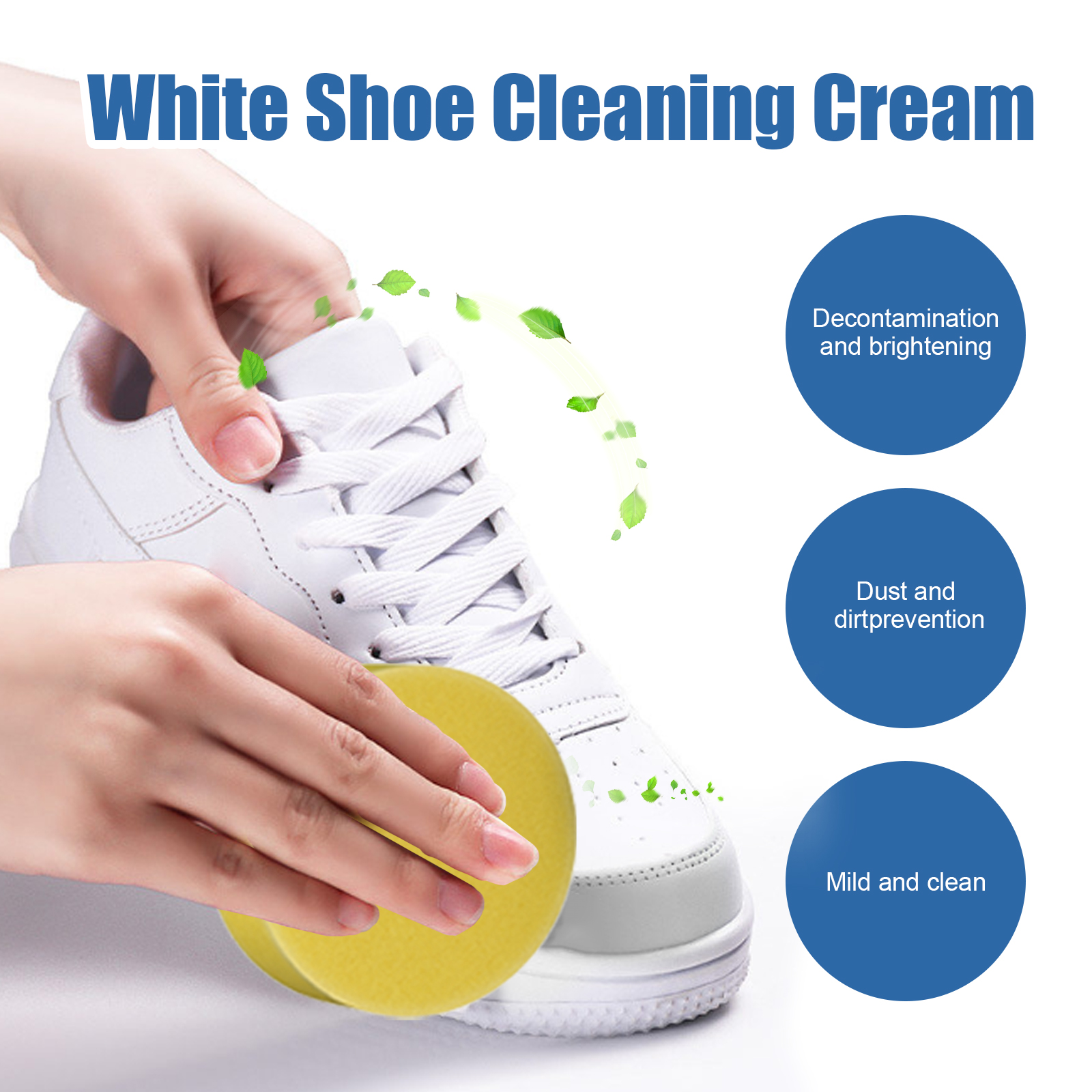 Yellow sponge wiping cream onto white sneaker edge