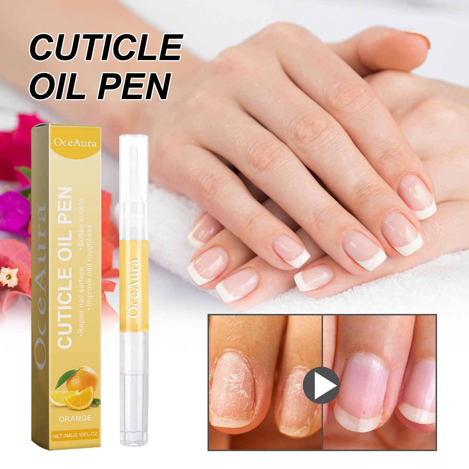 Healthy-looking manicured nails beside cuticle oil pen