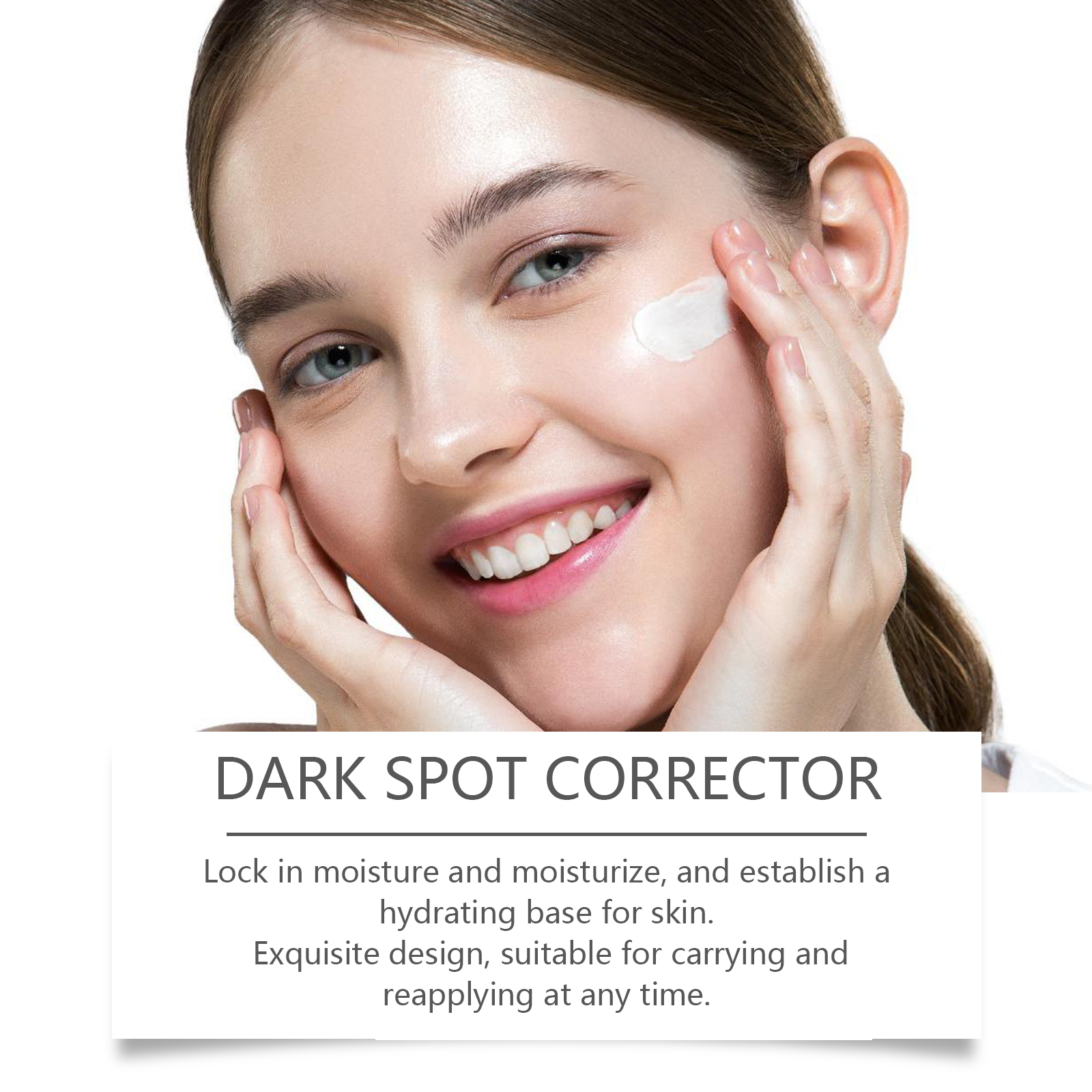 White facial lotion applied to cheek with fingertips