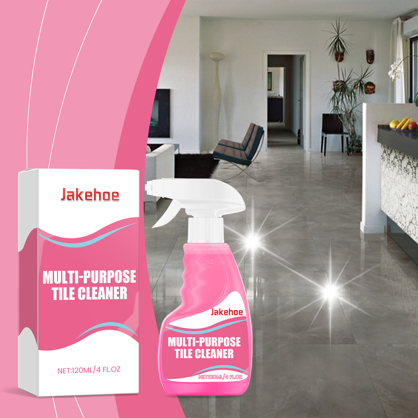 Tile cleaner beside kitchen counter and reflective flooring