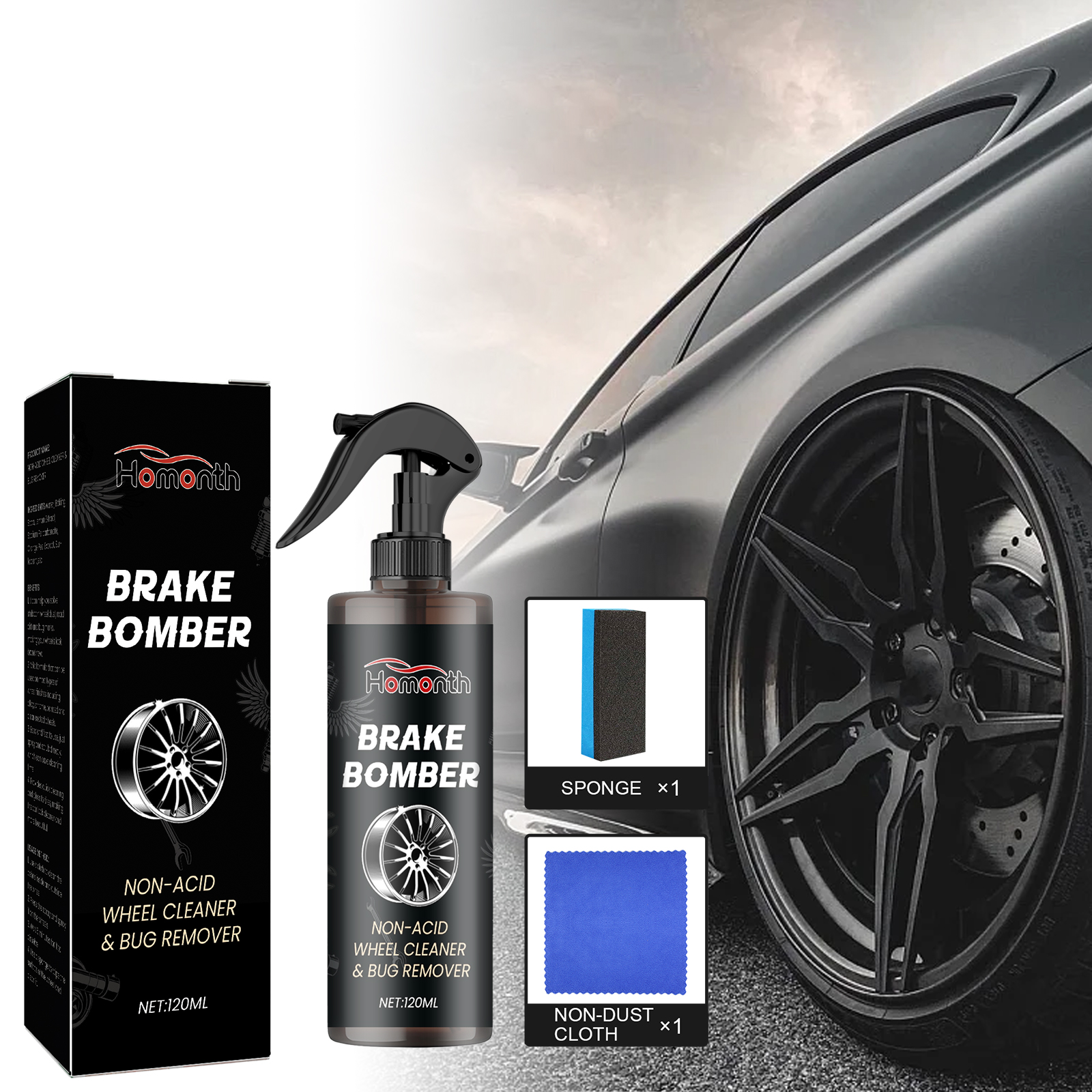 Wheel cleaner kit shown beside a vehicle wheel